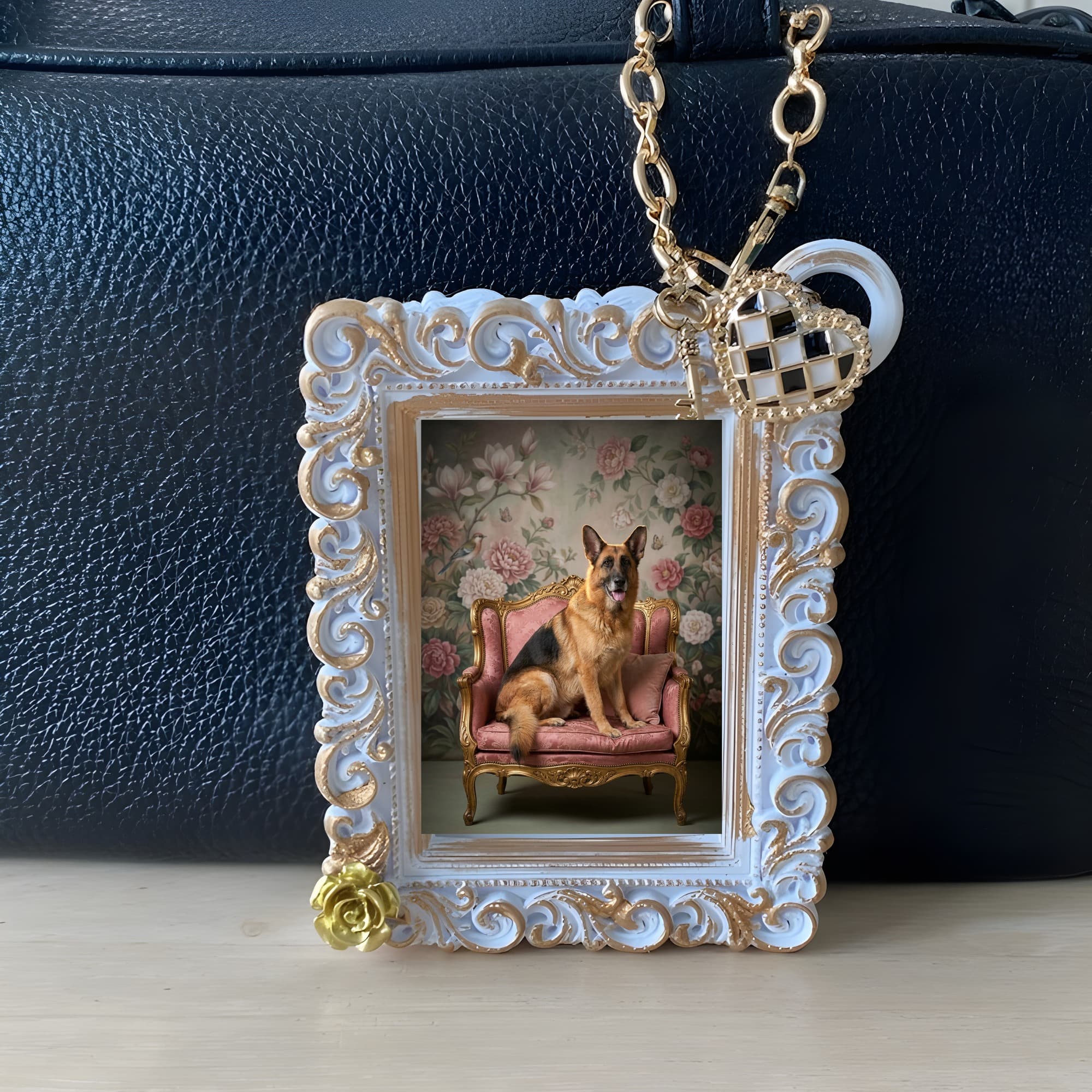 German shepherd Shabby Pink Oil-Painting Rococo Bag Charm (White) 3