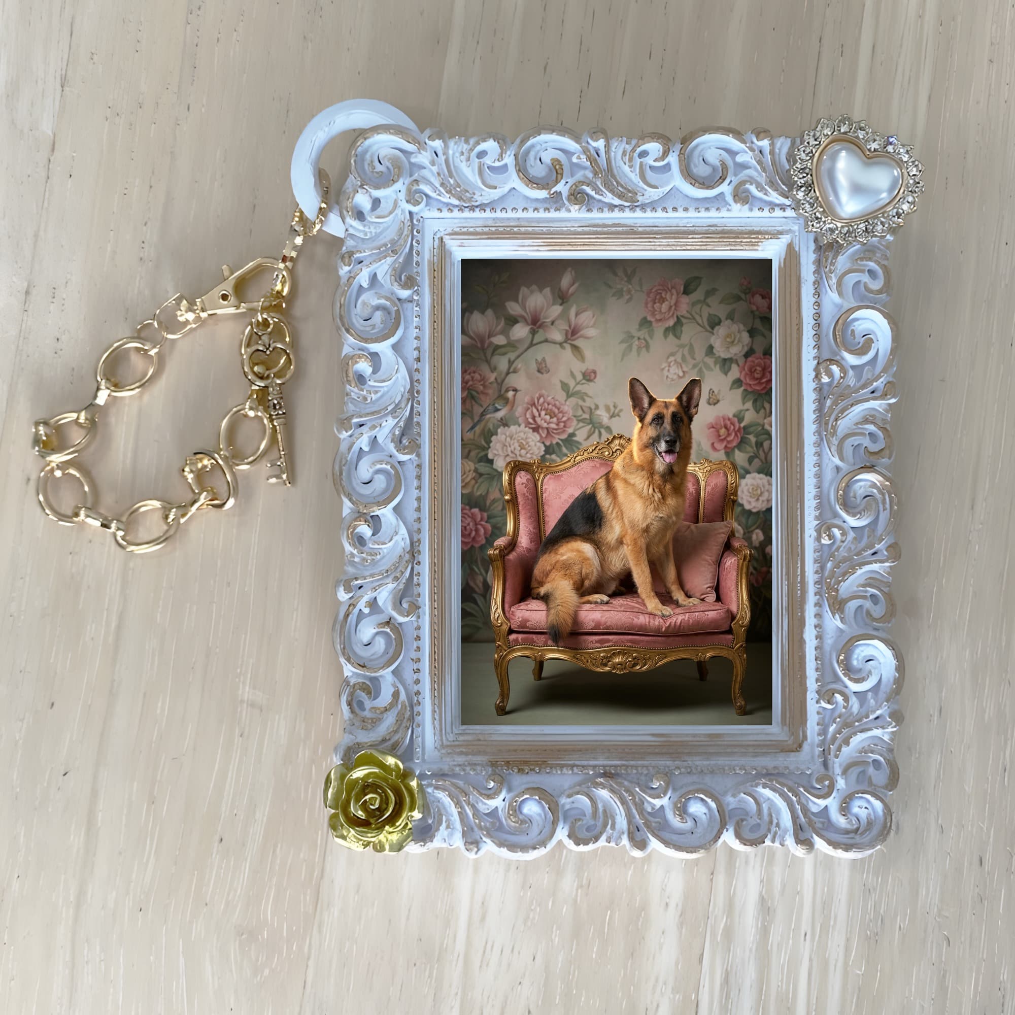 German shepherd Shabby Pink Oil-Painting Rococo Bag Charm (White) 4