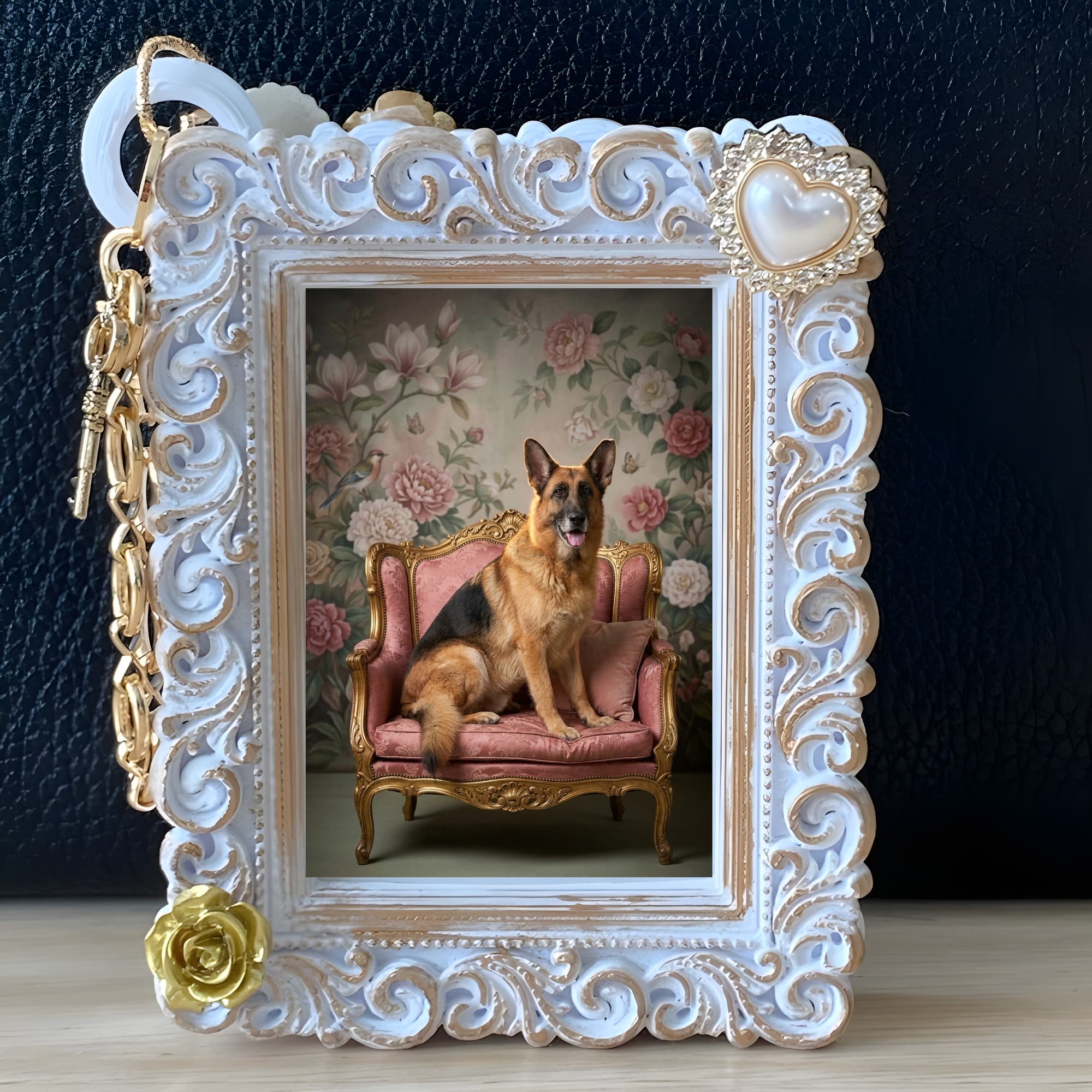 German shepherd Shabby Pink Oil-Painting Rococo Bag Charm (White) 5