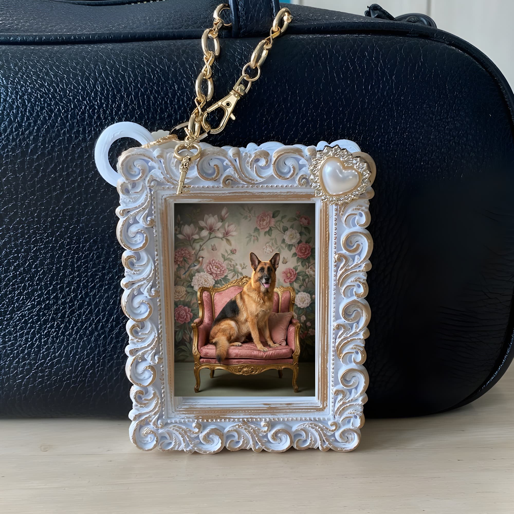 German shepherd Shabby Pink Oil-Painting Rococo Bag Charm (White) 6