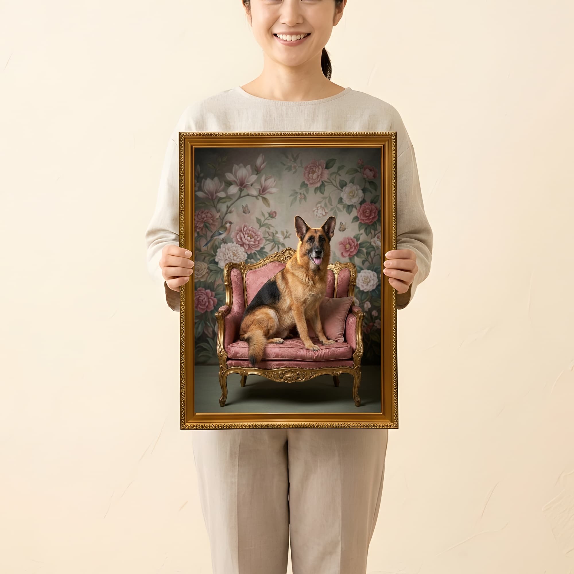 ジャーマンシェパードのシャビーピンクの油絵風アートロココ調額装プリント(A3サイズ) 2