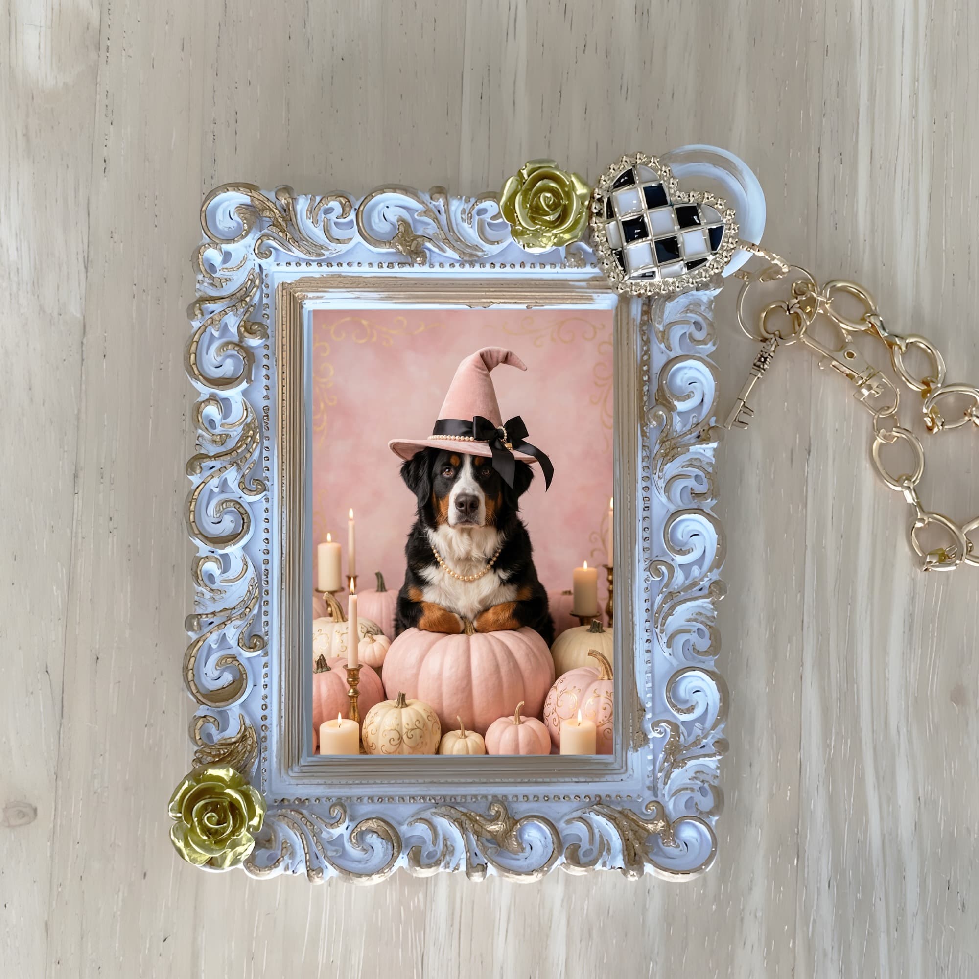 Bernese mountain dog Pumpkin & Candlelight Oil-Painting Halloween Bag Charm (White)