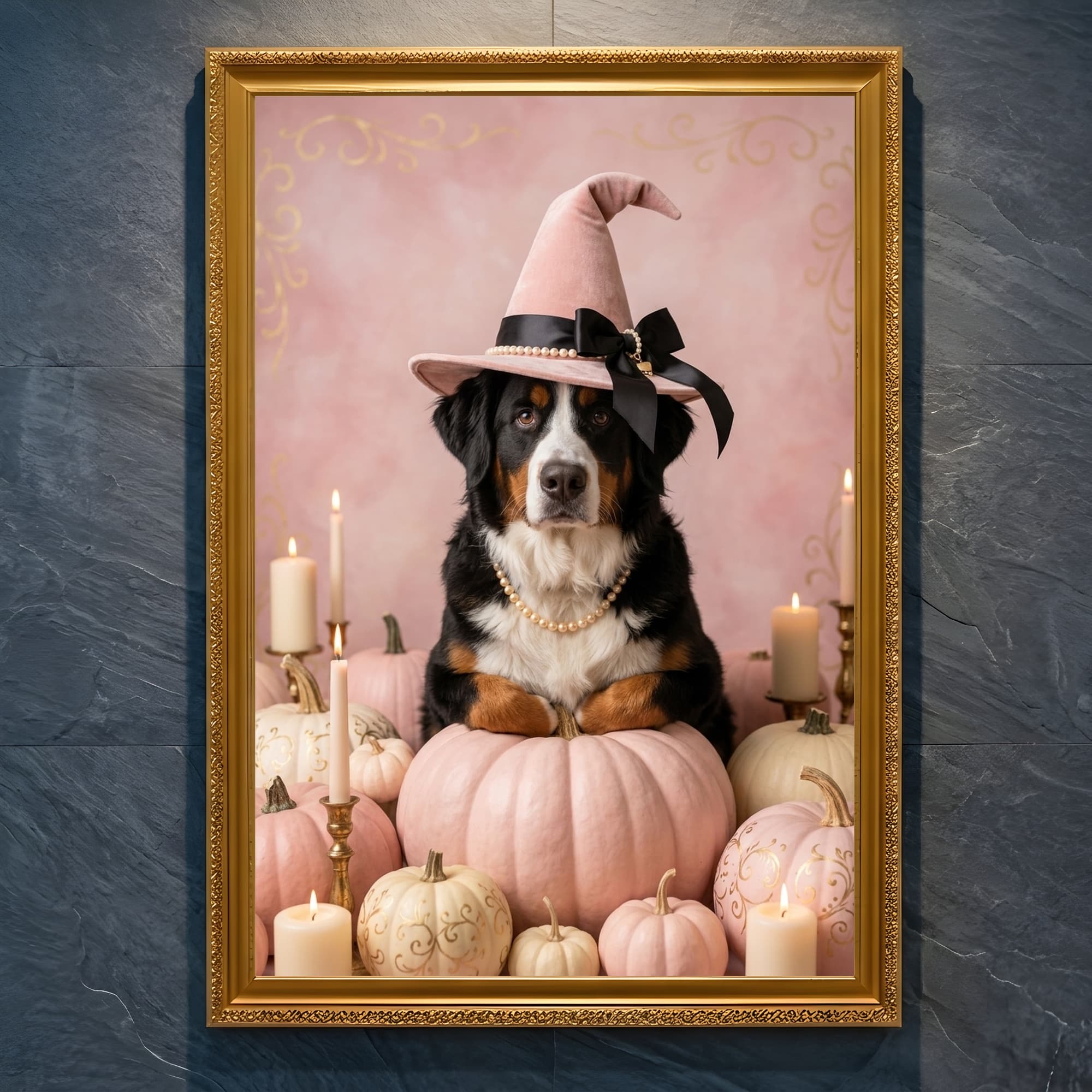 Bernese mountain dog Pumpkin & Candlelight Oil-Painting Halloween Framed Art Print (A4 Gold)