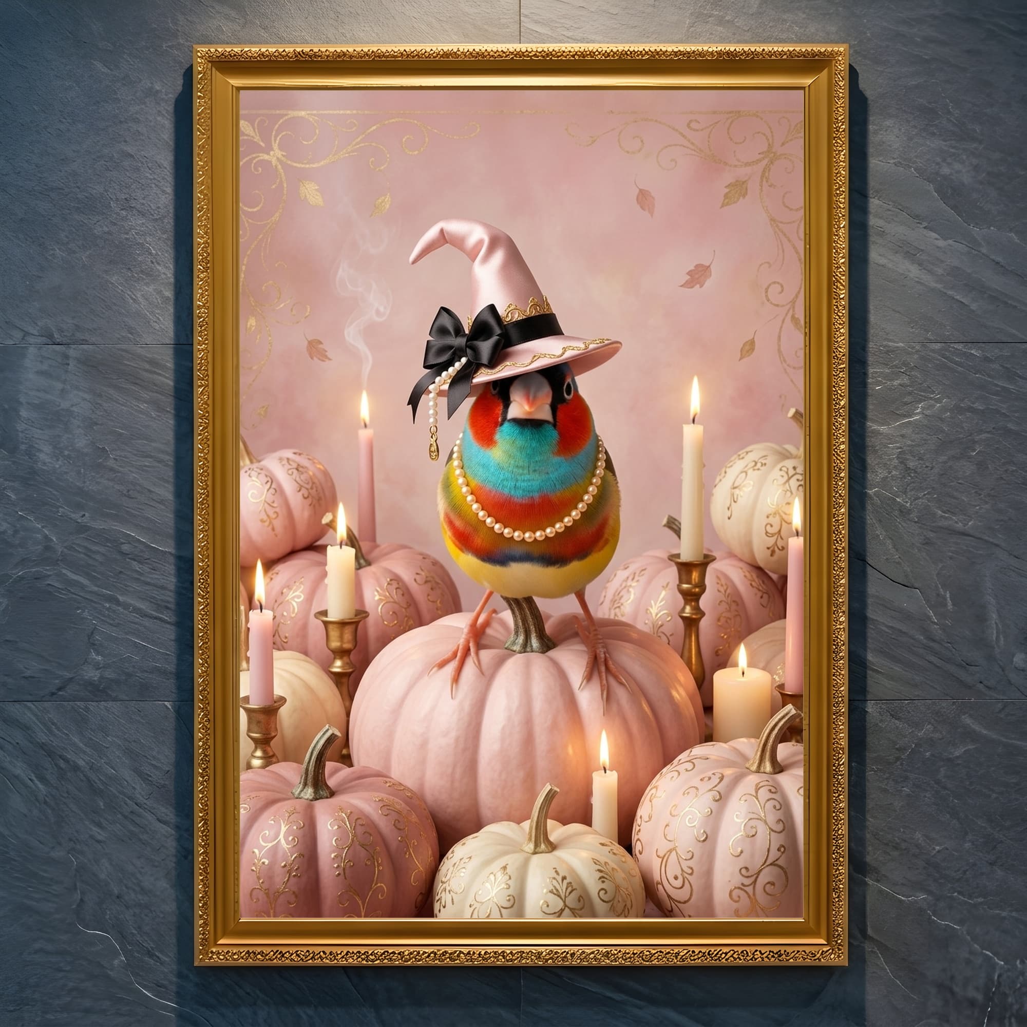 Gouldian finch Pumpkin & Candlelight Oil-Painting Halloween Framed Art Print (A4 Gold)