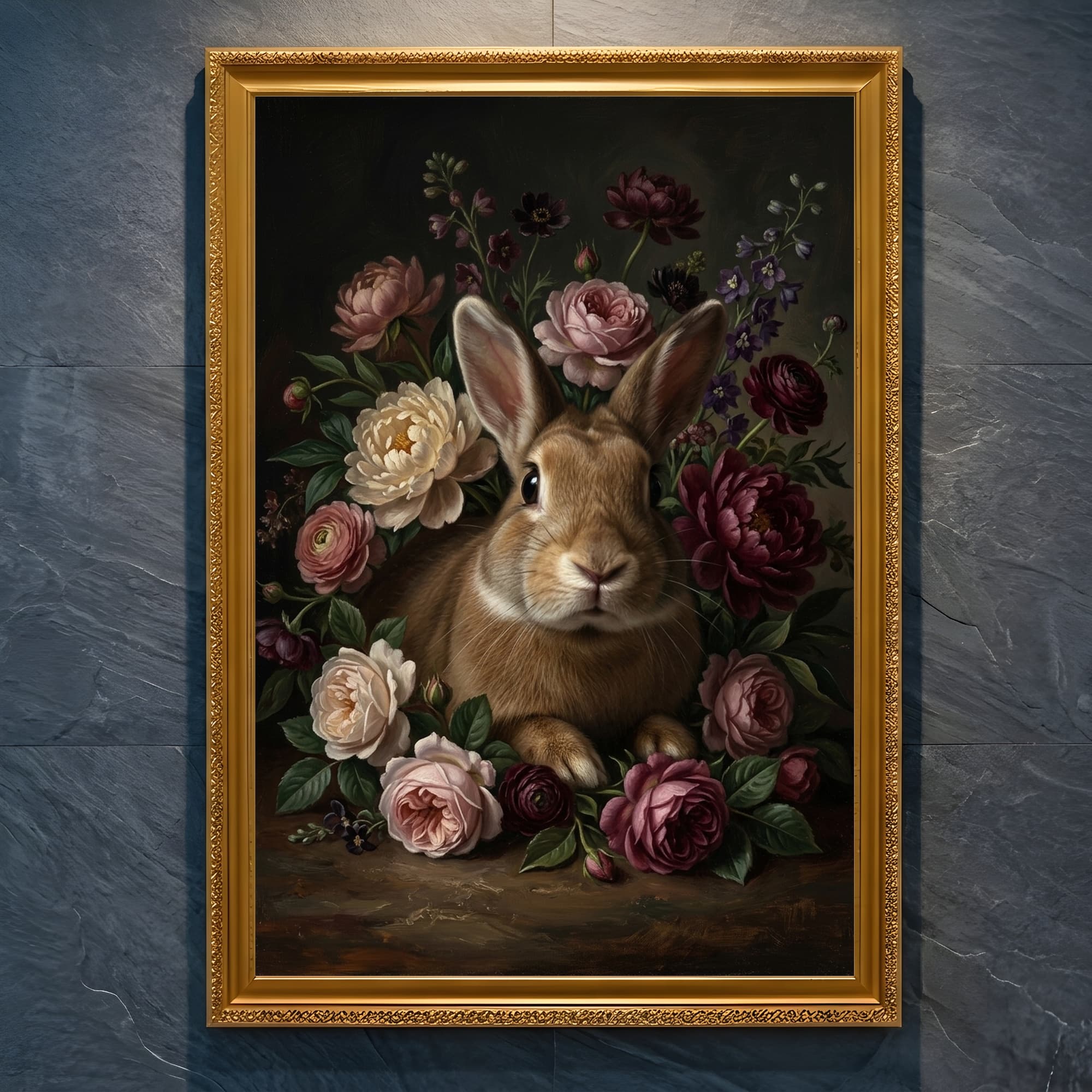タンの花の油絵風アート花柄額装プリント(A4金縁)