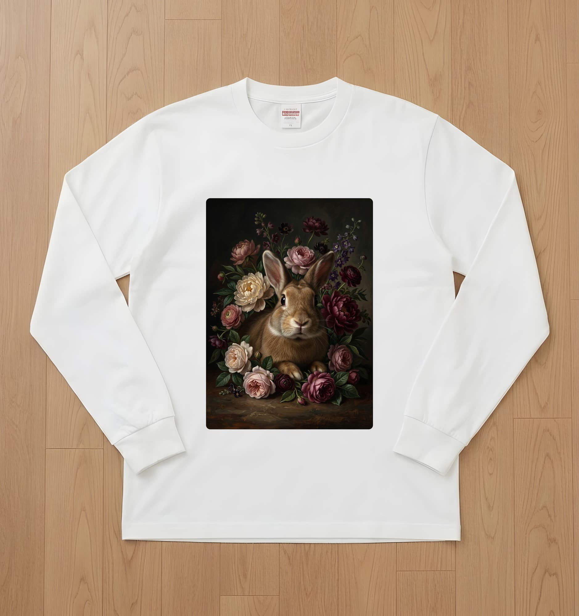 Tan rabbit Floral Oil-Painting Floral Long Sleeve T-Shirt (White)