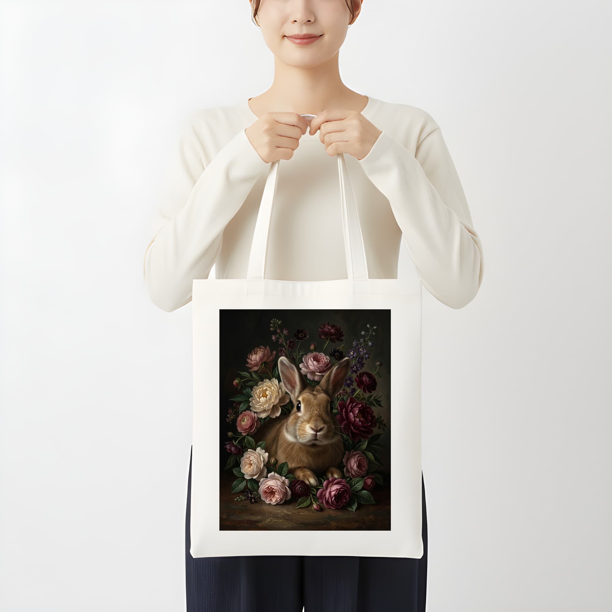 Tan rabbit Floral Oil-Painting Floral Tote Bag 3