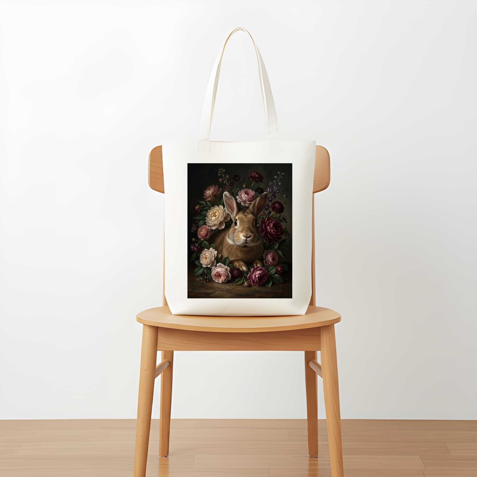 Tan rabbit Floral Oil-Painting Floral Tote Bag 5