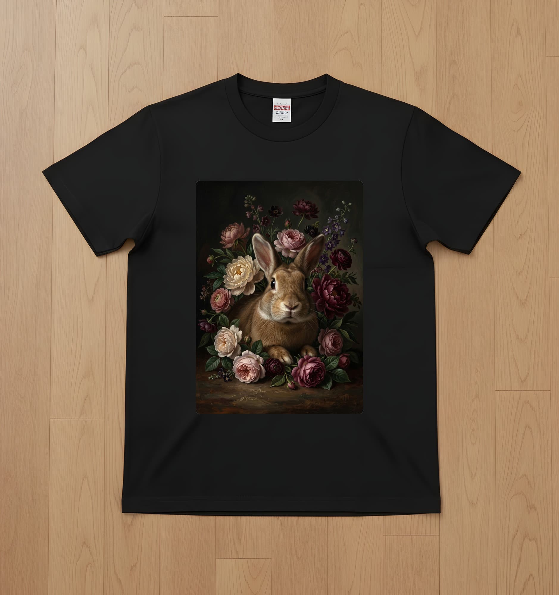 タンの花の油絵風アート花柄Tシャツ(ブラック)