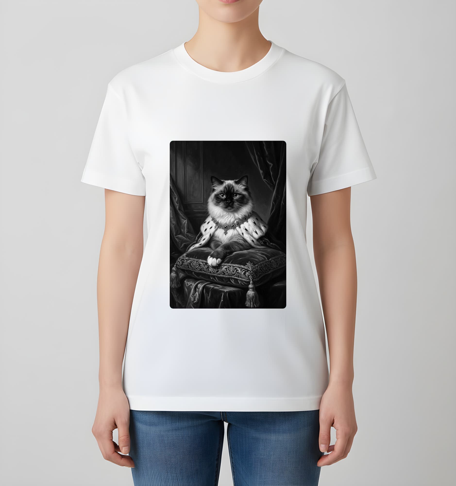 ヒマラヤンのルネサンス肖像画Tシャツ(ホワイト・モノクロプリント・額縁なし) 4
