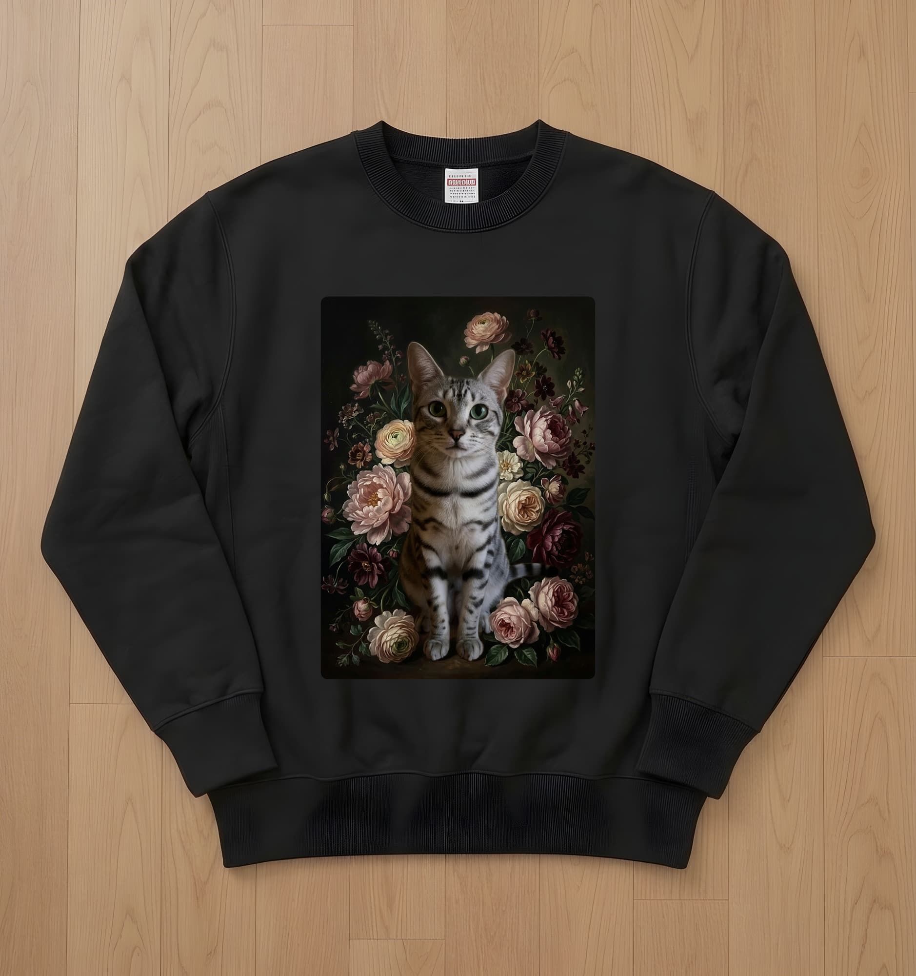 エジプシャンマウの花の油絵風アート花柄トレーナー(ブラック)