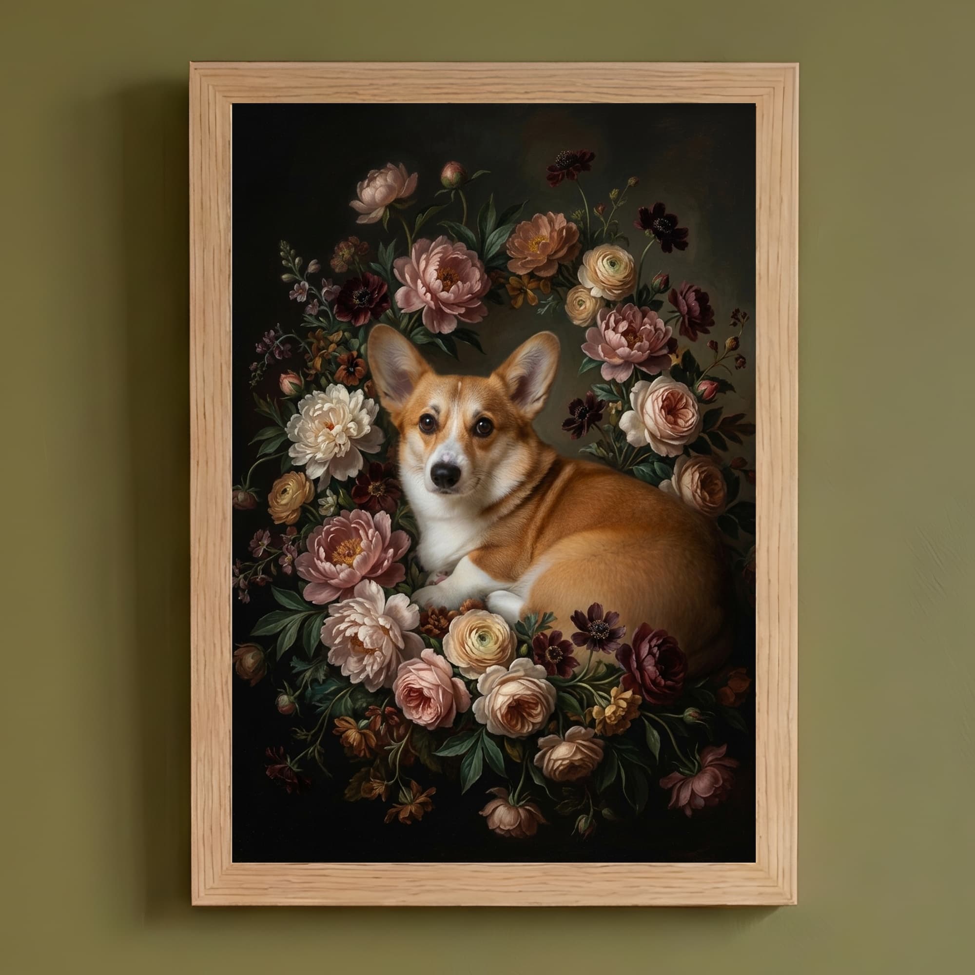 コーギーの花の油絵風アート花柄額装プリント(A4サイズ)