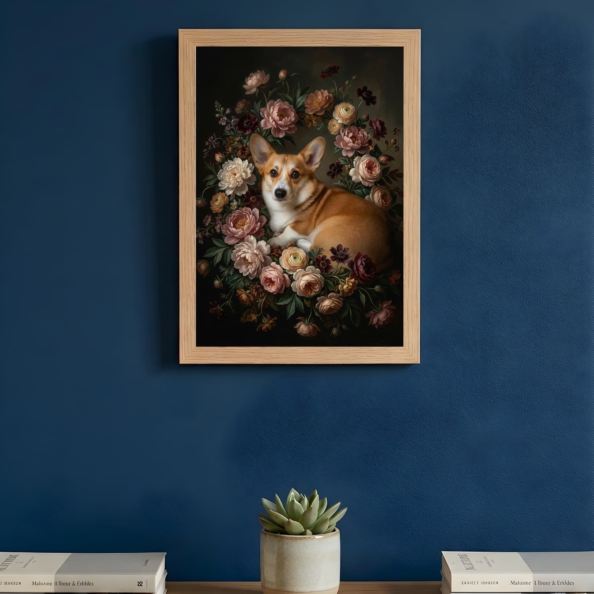 コーギーの花の油絵風アート花柄額装プリント(A4サイズ) 3