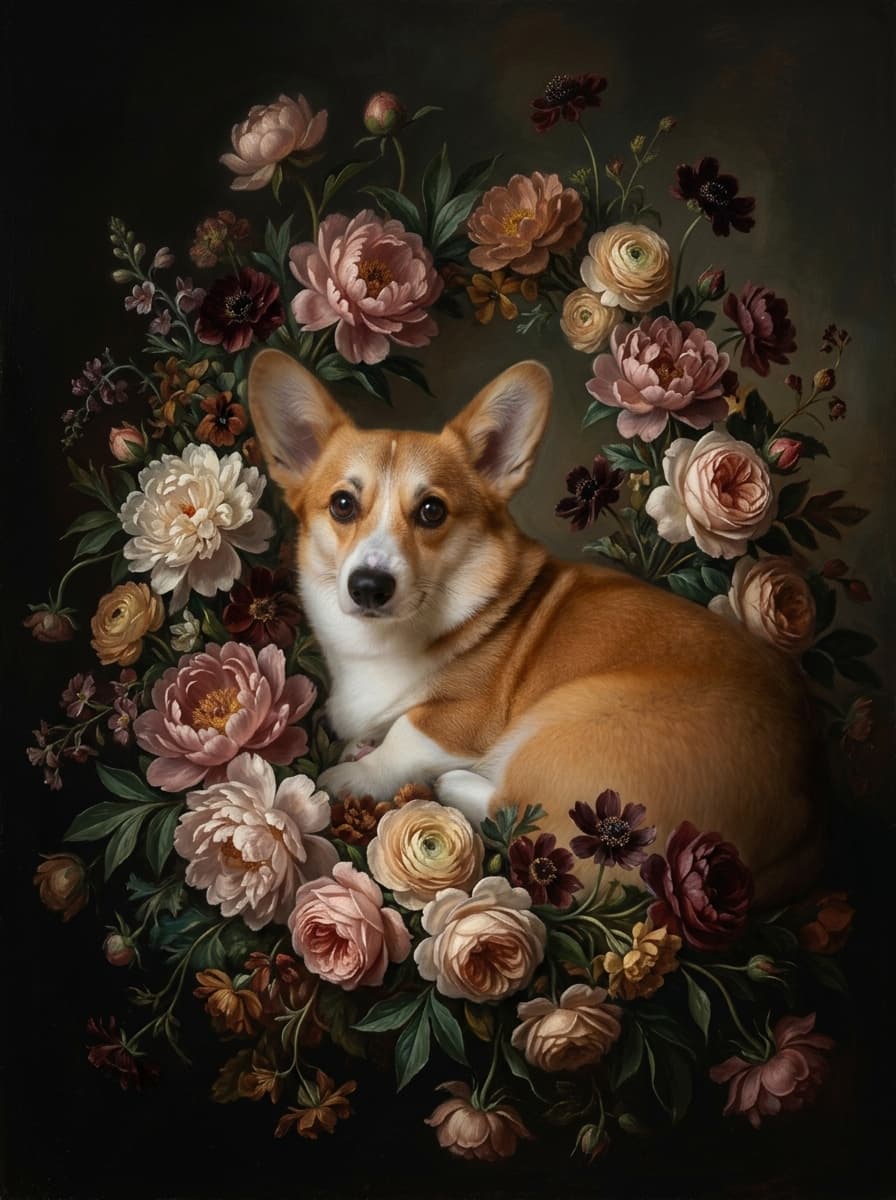 コーギーの花の油絵風アート花柄額装プリント(A4サイズ) 4