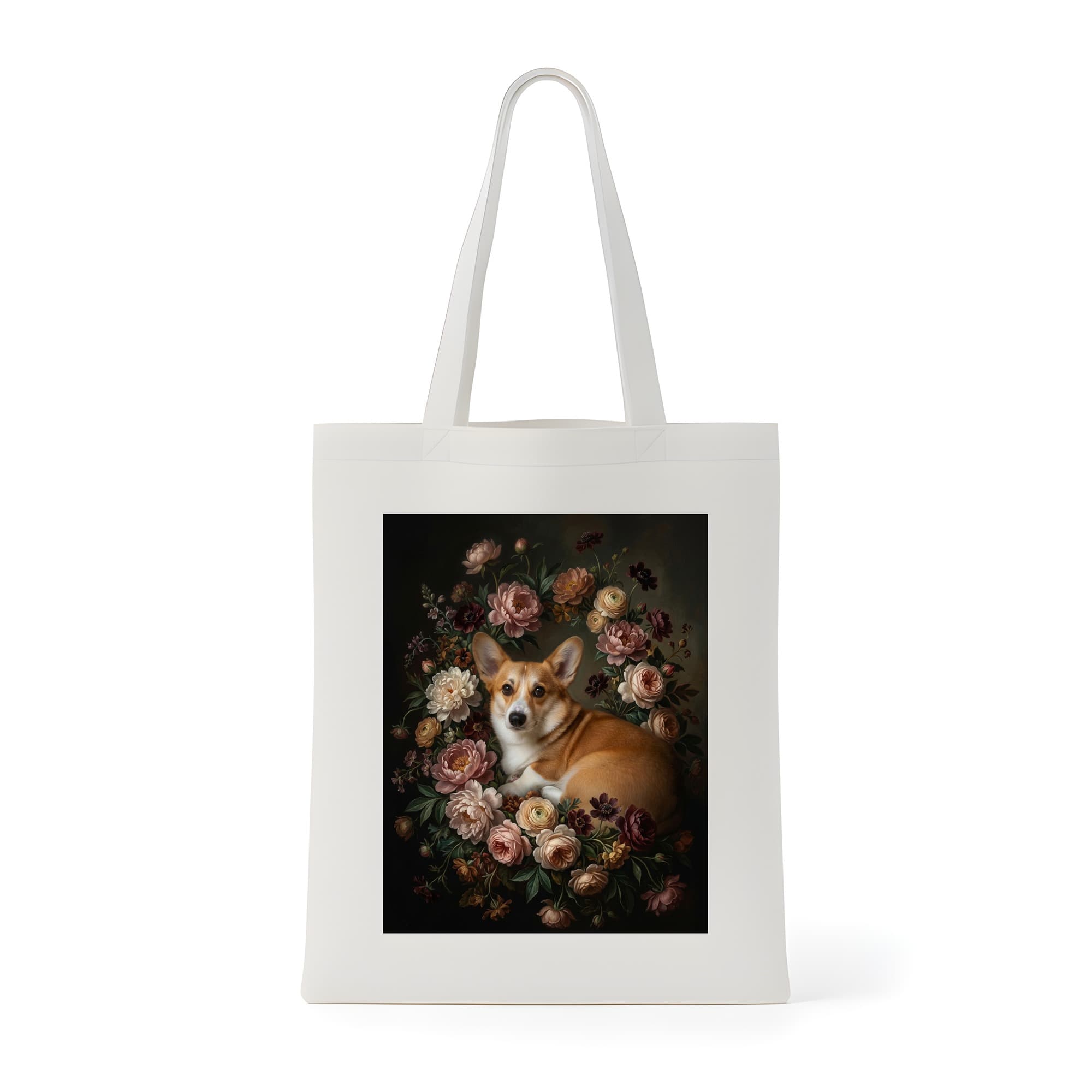 コーギーの花の油絵風アート花柄トートバッグ