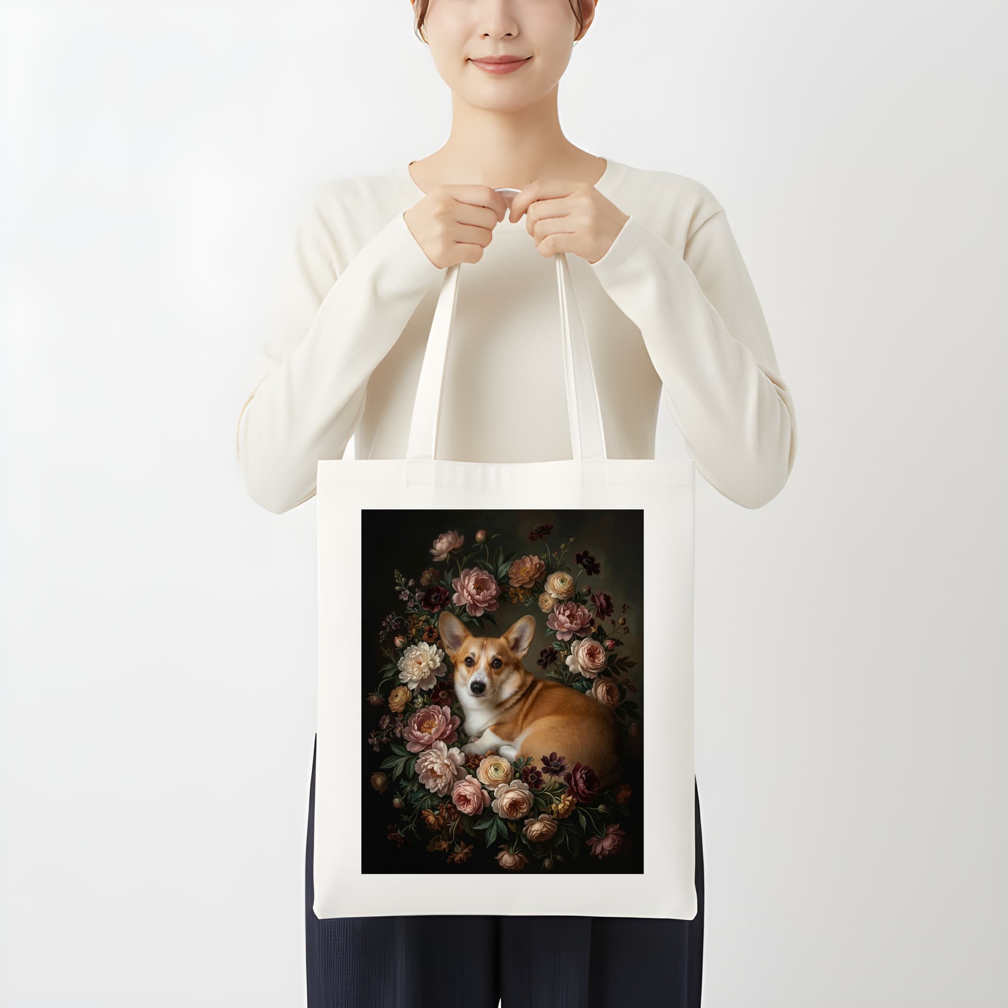 コーギーの花の油絵風アート花柄トートバッグ 3