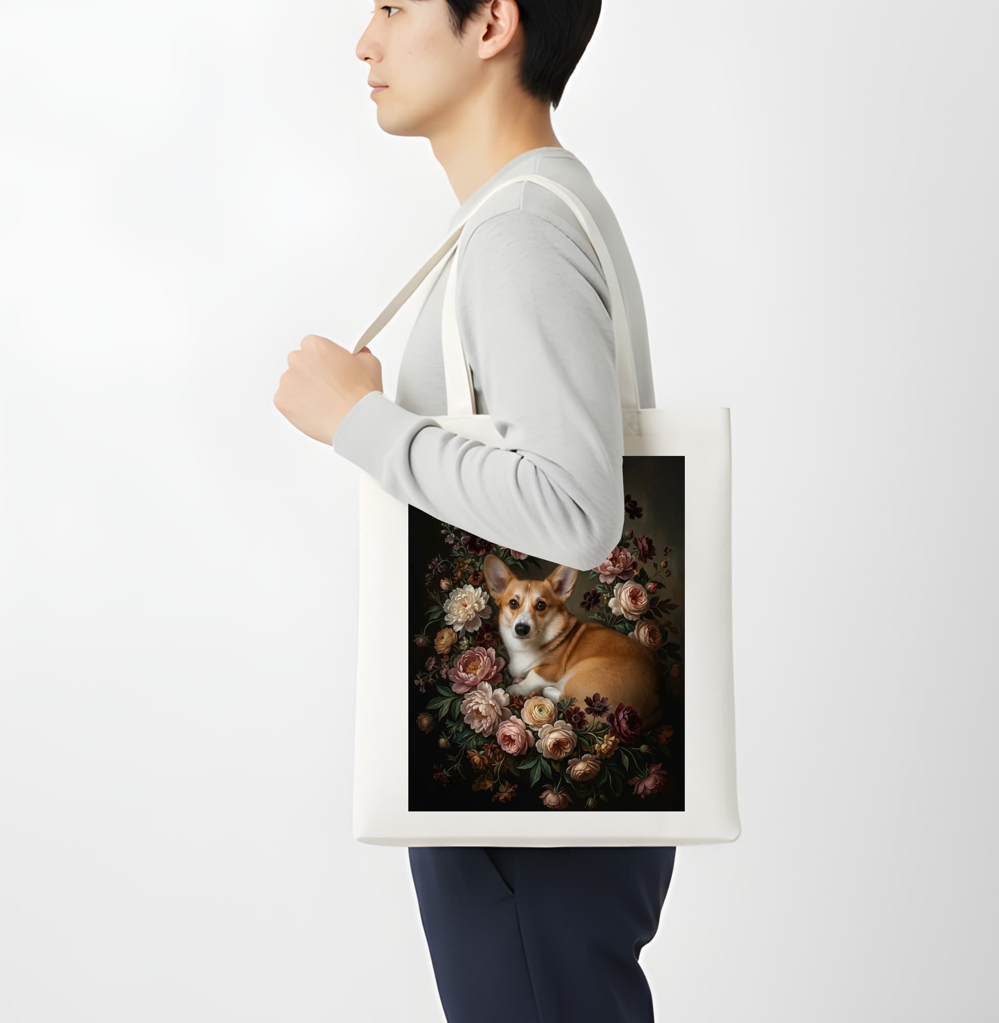 コーギーの花の油絵風アート花柄トートバッグ 4