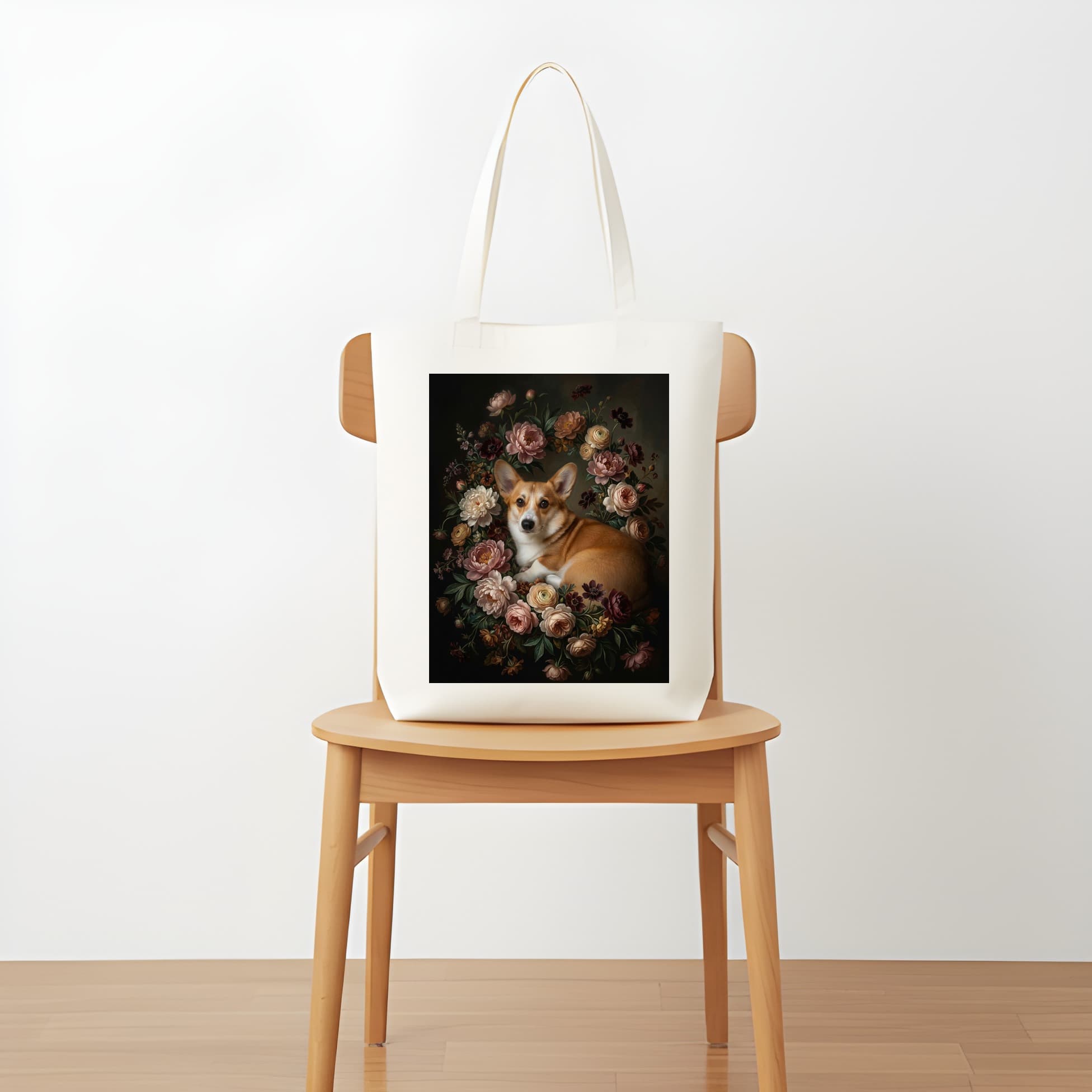 コーギーの花の油絵風アート花柄トートバッグ 5