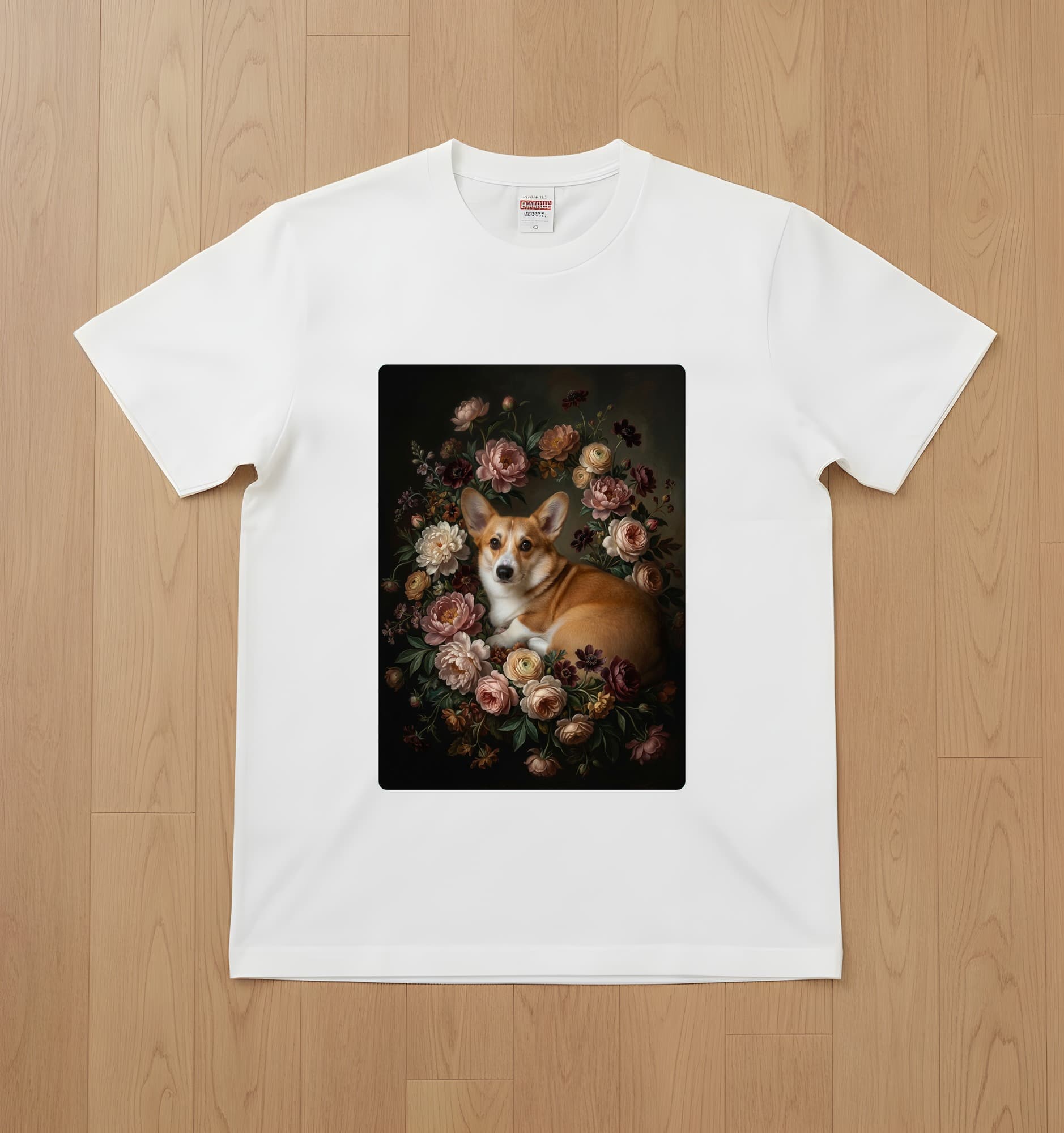 コーギーの花の油絵風アート花柄Tシャツ(ホワイト)