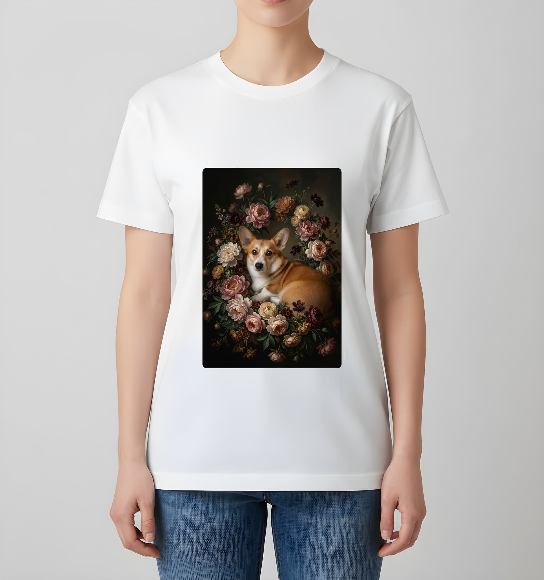 コーギーの花の油絵風アート花柄Tシャツ(ホワイト) 4