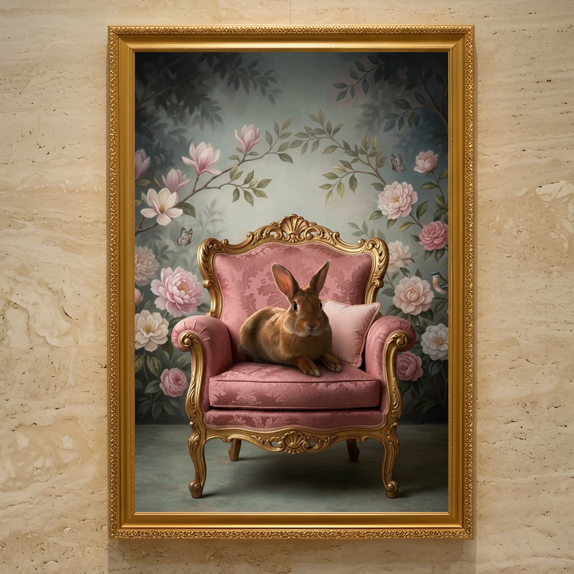 Satin rabbit Shabby Pink Oil-Painting Rococo Framed Art Print (A3)