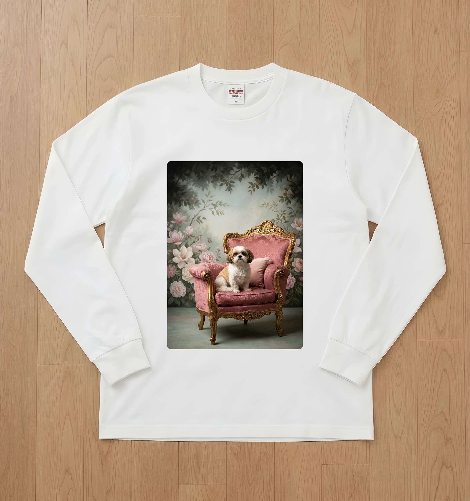 Shih Tzu Shabby Pink Oil-Painting Rococo Long Sleeve T-Shirt (White)