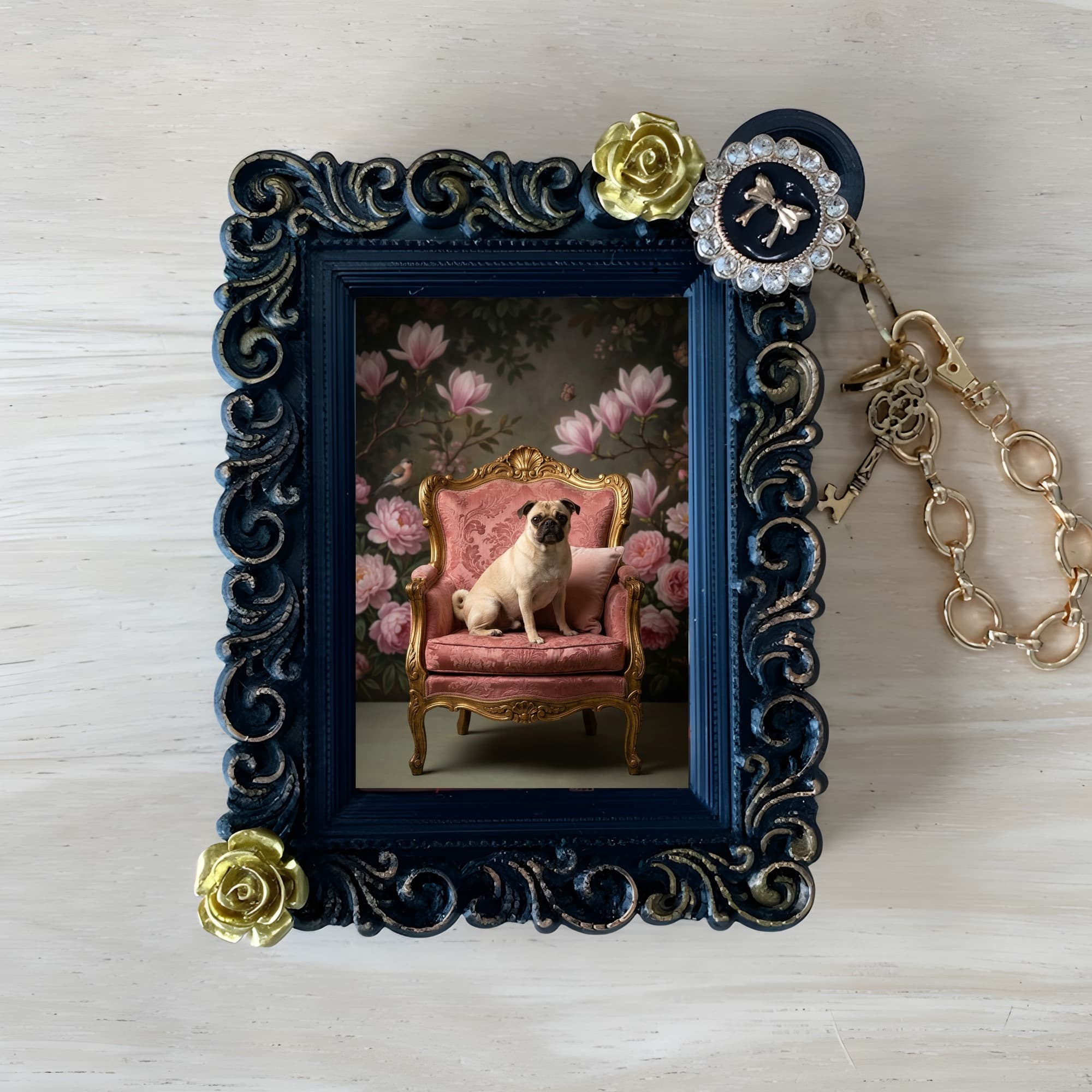 pug Shabby Pink Oil-Painting Rococo Bag Charm (Black)