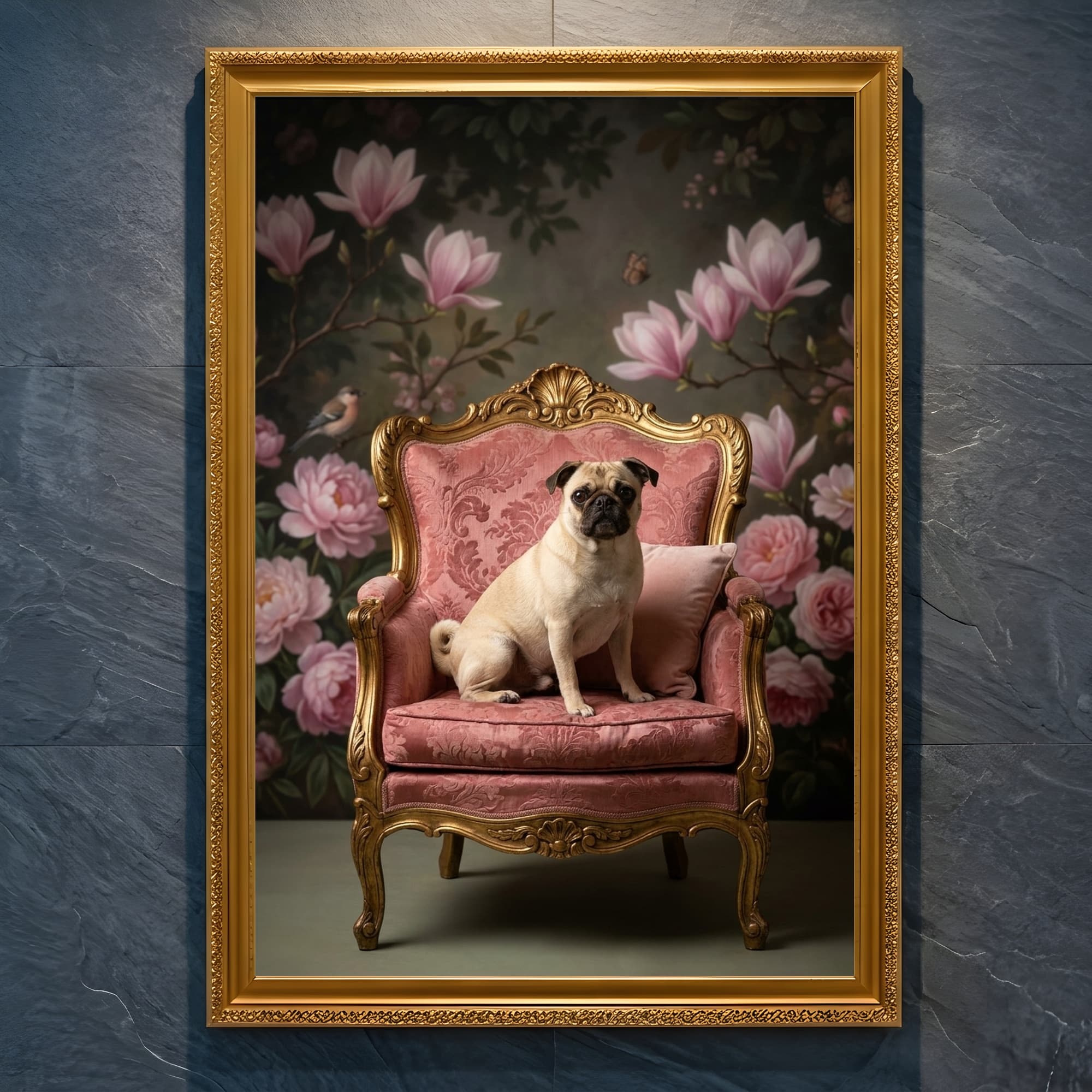 pug Shabby Pink Oil-Painting Rococo Framed Art Print (A4 Gold)