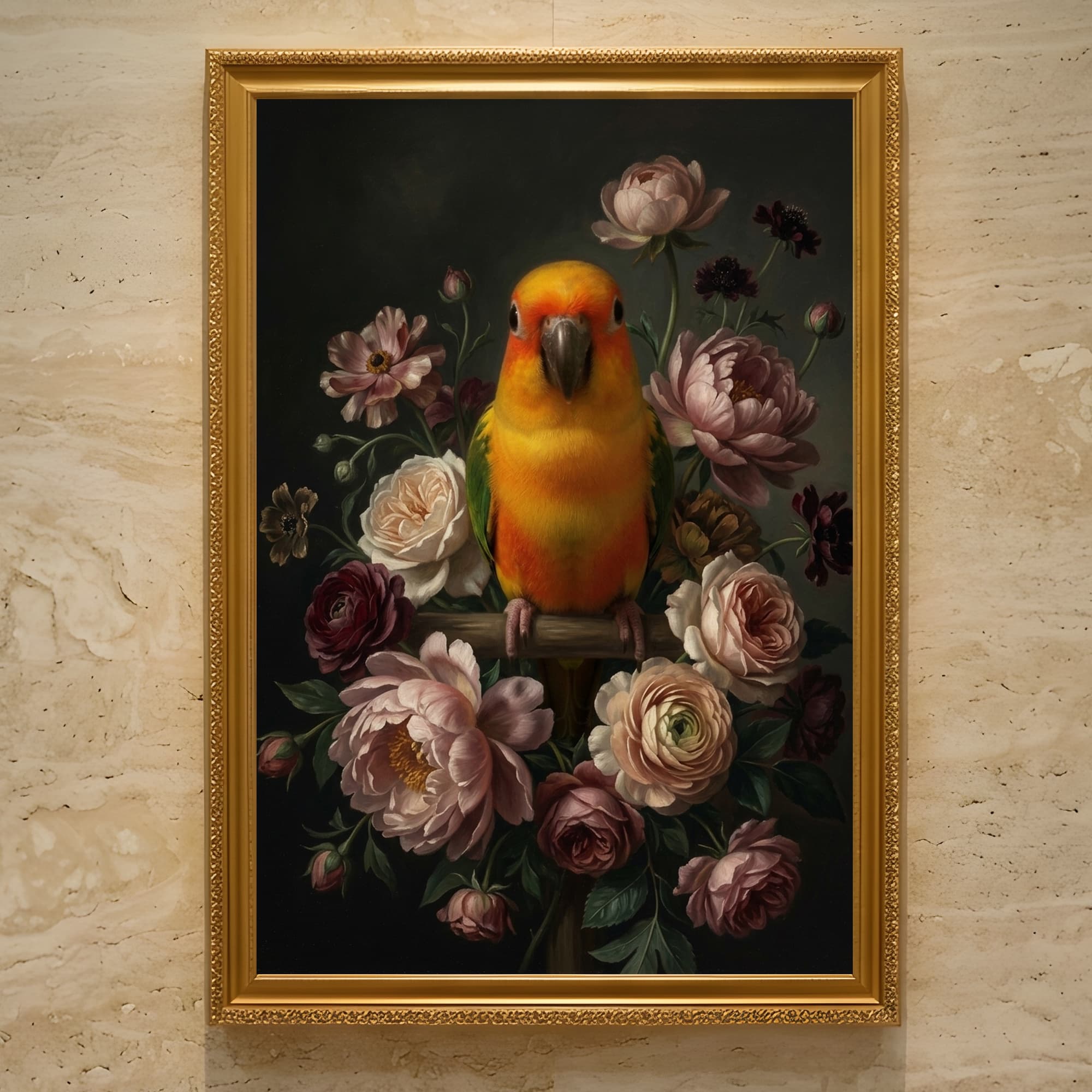ナナイロメキシコインコの花の油絵風アート花柄額装プリント(A3サイズ)