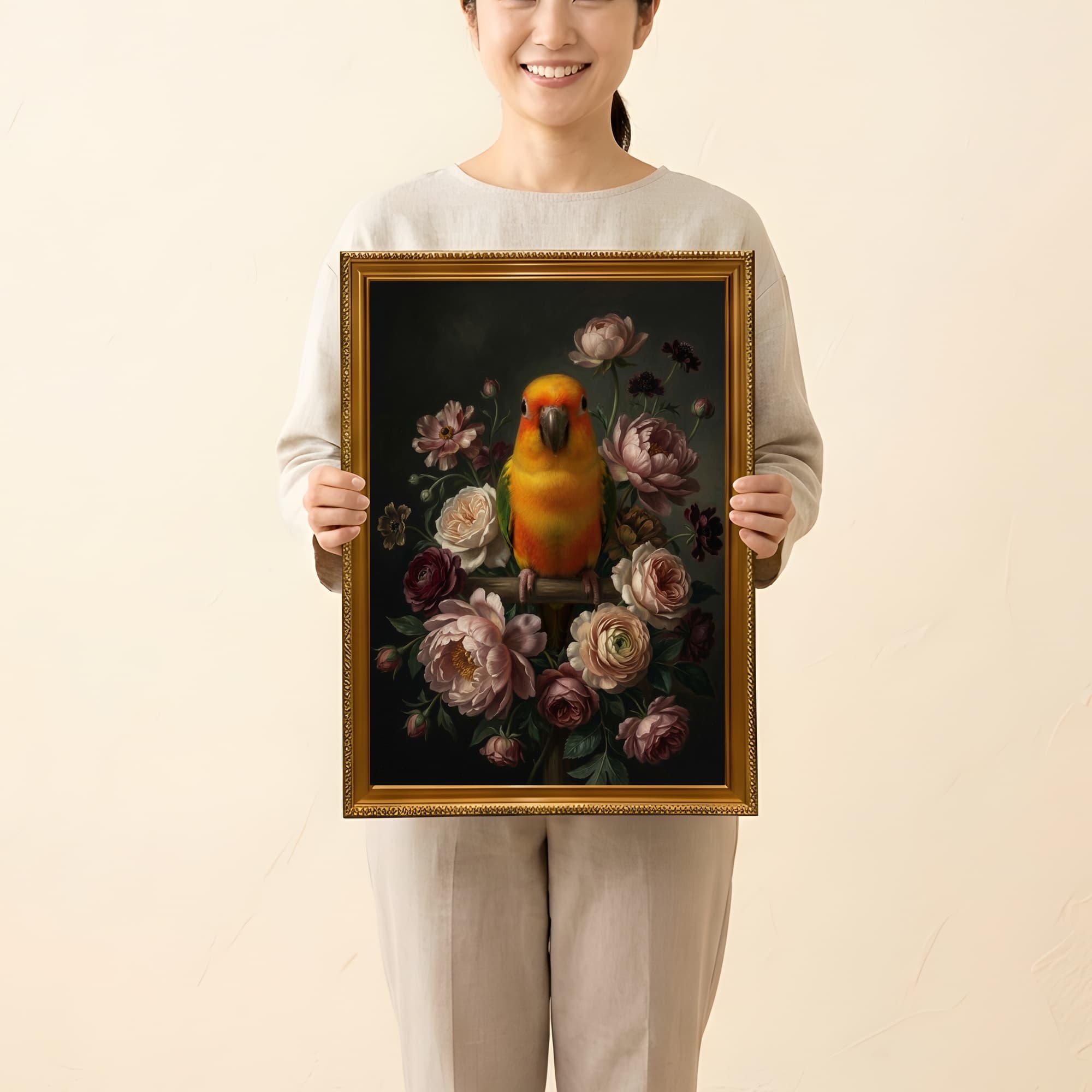 ナナイロメキシコインコの花の油絵風アート花柄額装プリント(A3サイズ) 2
