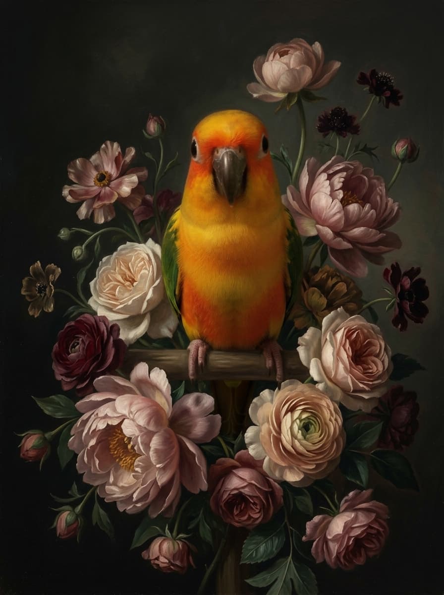 ナナイロメキシコインコの花の油絵風アート花柄額装プリント(A3サイズ) 4
