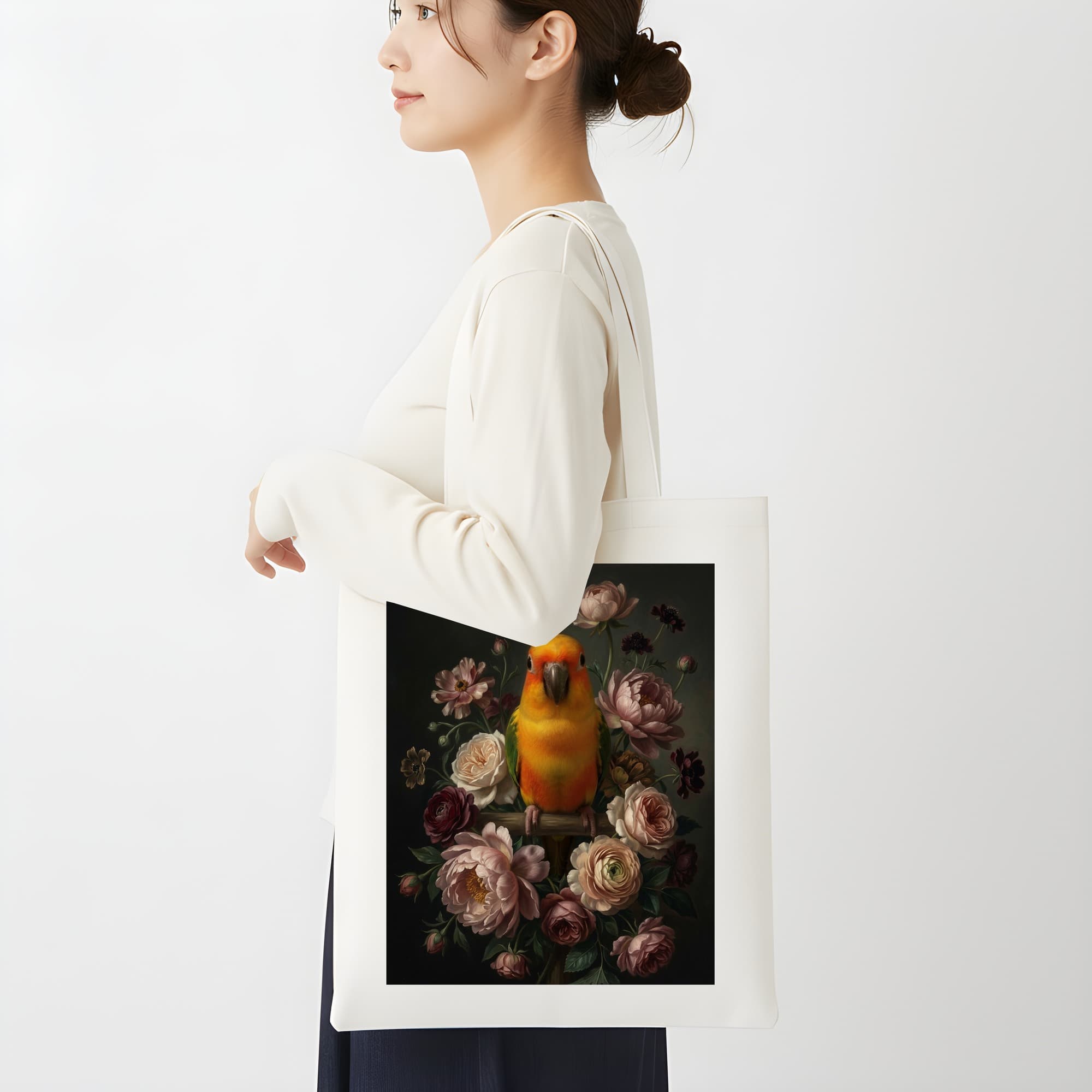 ナナイロメキシコインコの花の油絵風アート花柄トートバッグ 2