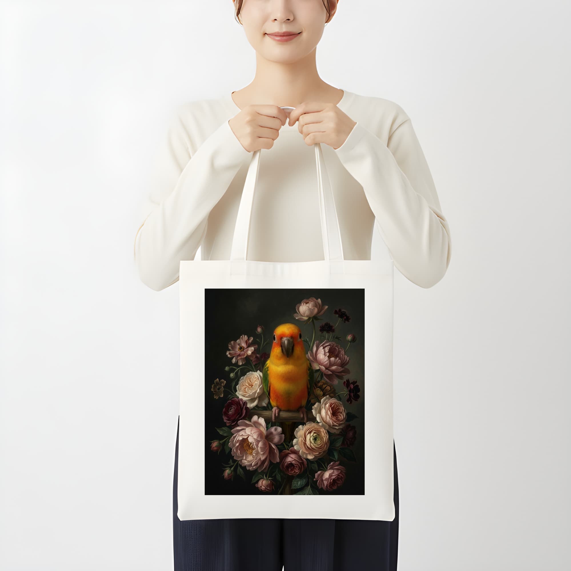 ナナイロメキシコインコの花の油絵風アート花柄トートバッグ 3