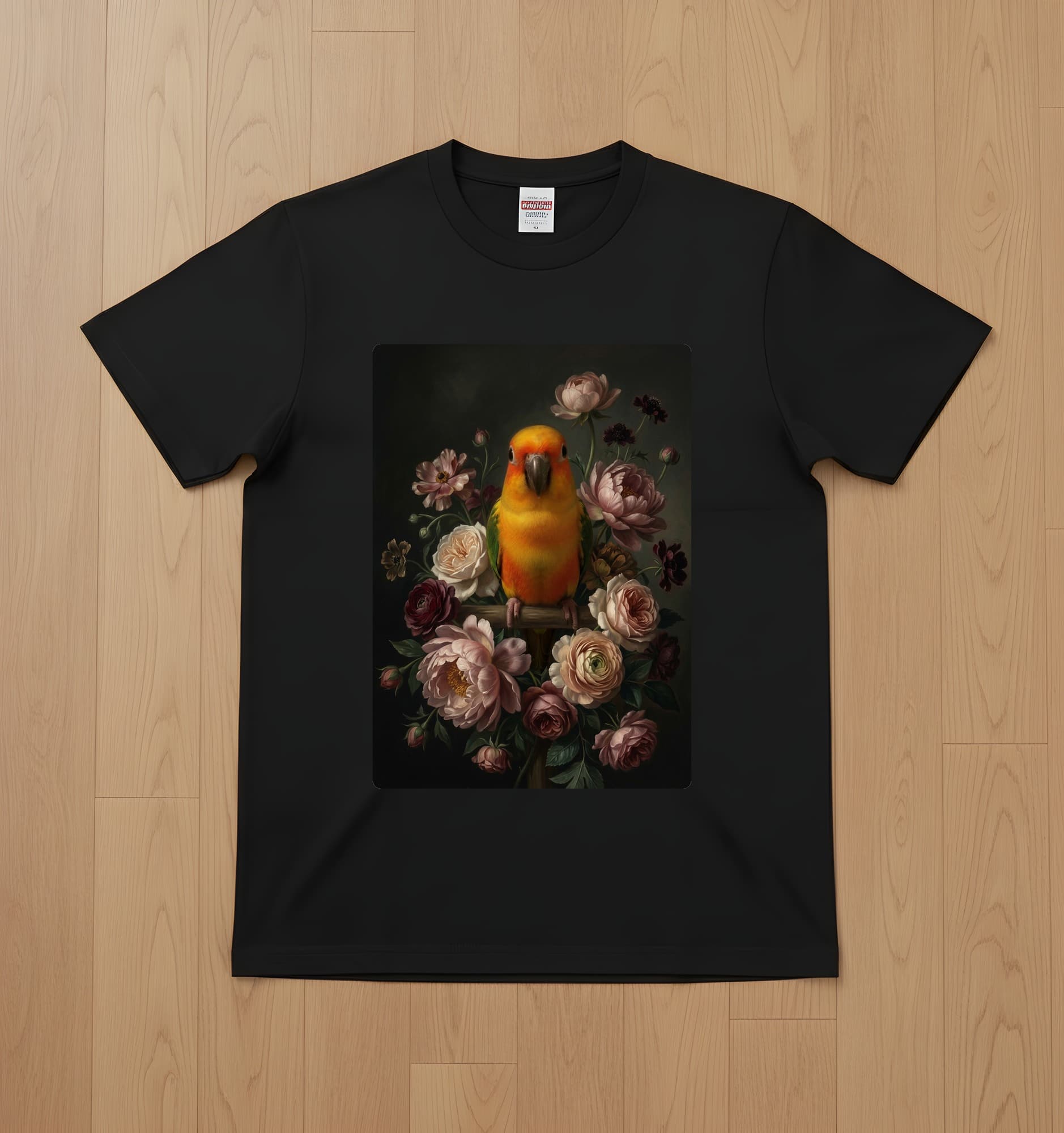 ナナイロメキシコインコの花の油絵風アート花柄Tシャツ(ブラック)