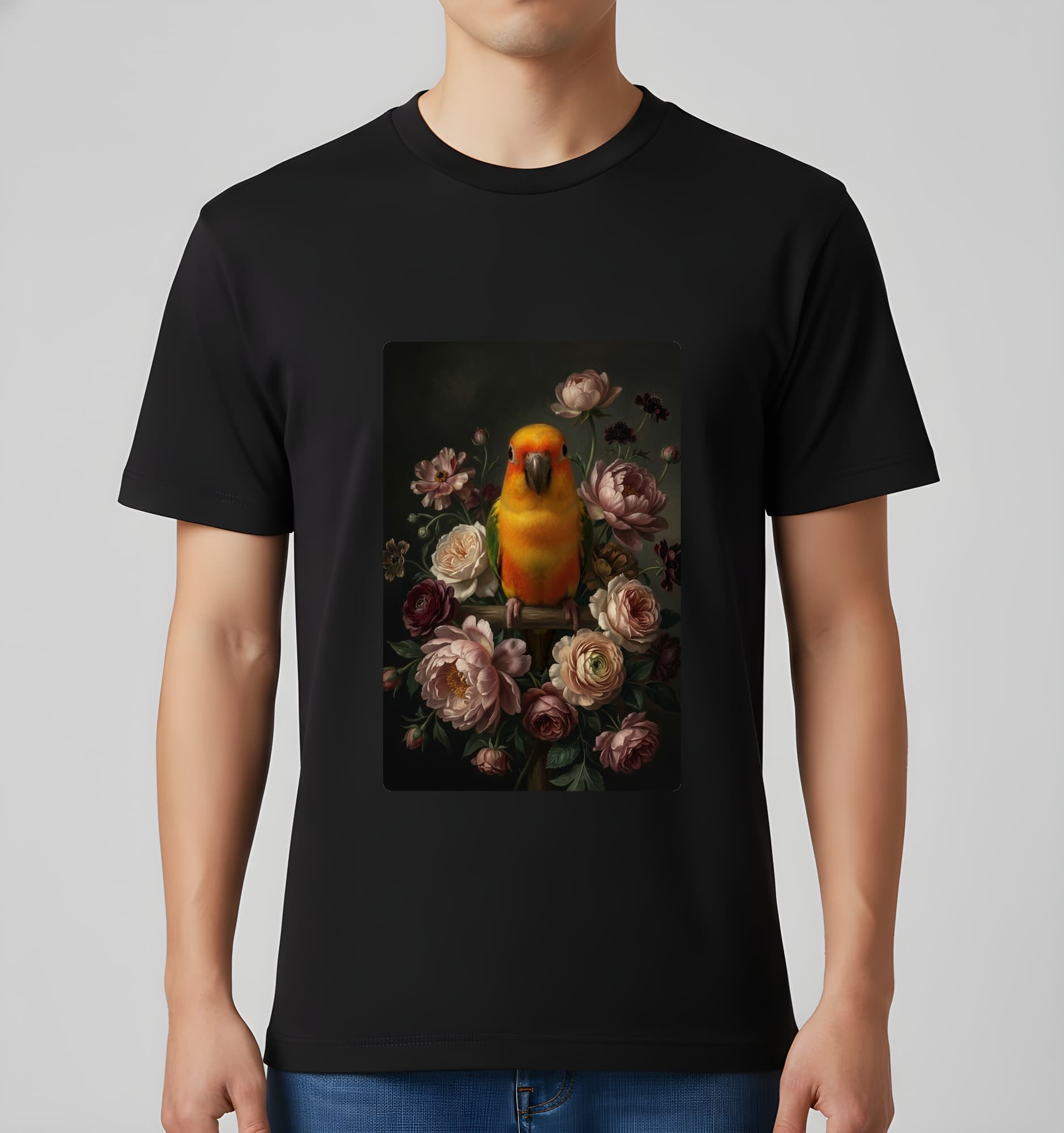 ナナイロメキシコインコの花の油絵風アート花柄Tシャツ(ブラック) 3