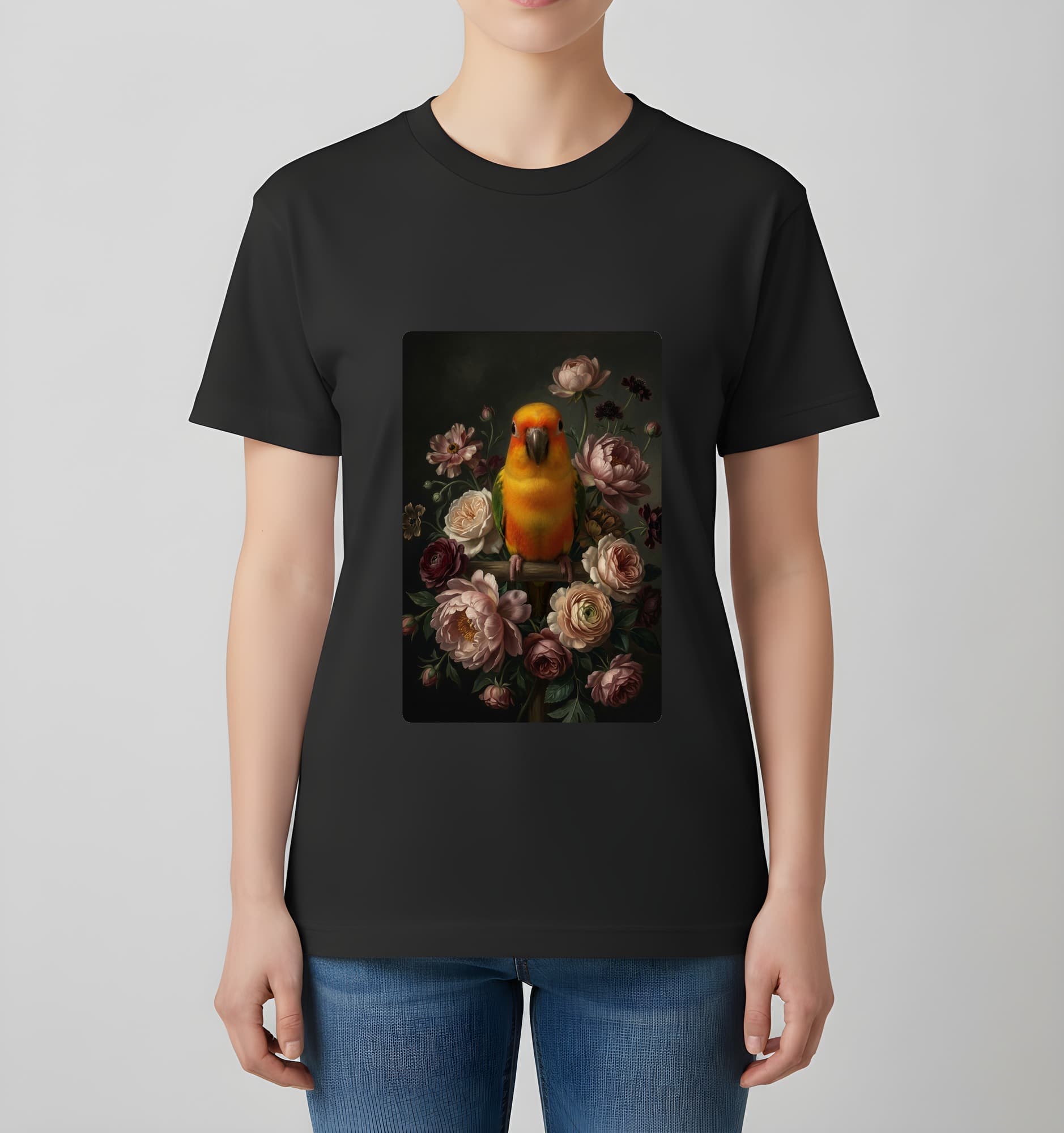 ナナイロメキシコインコの花の油絵風アート花柄Tシャツ(ブラック) 4