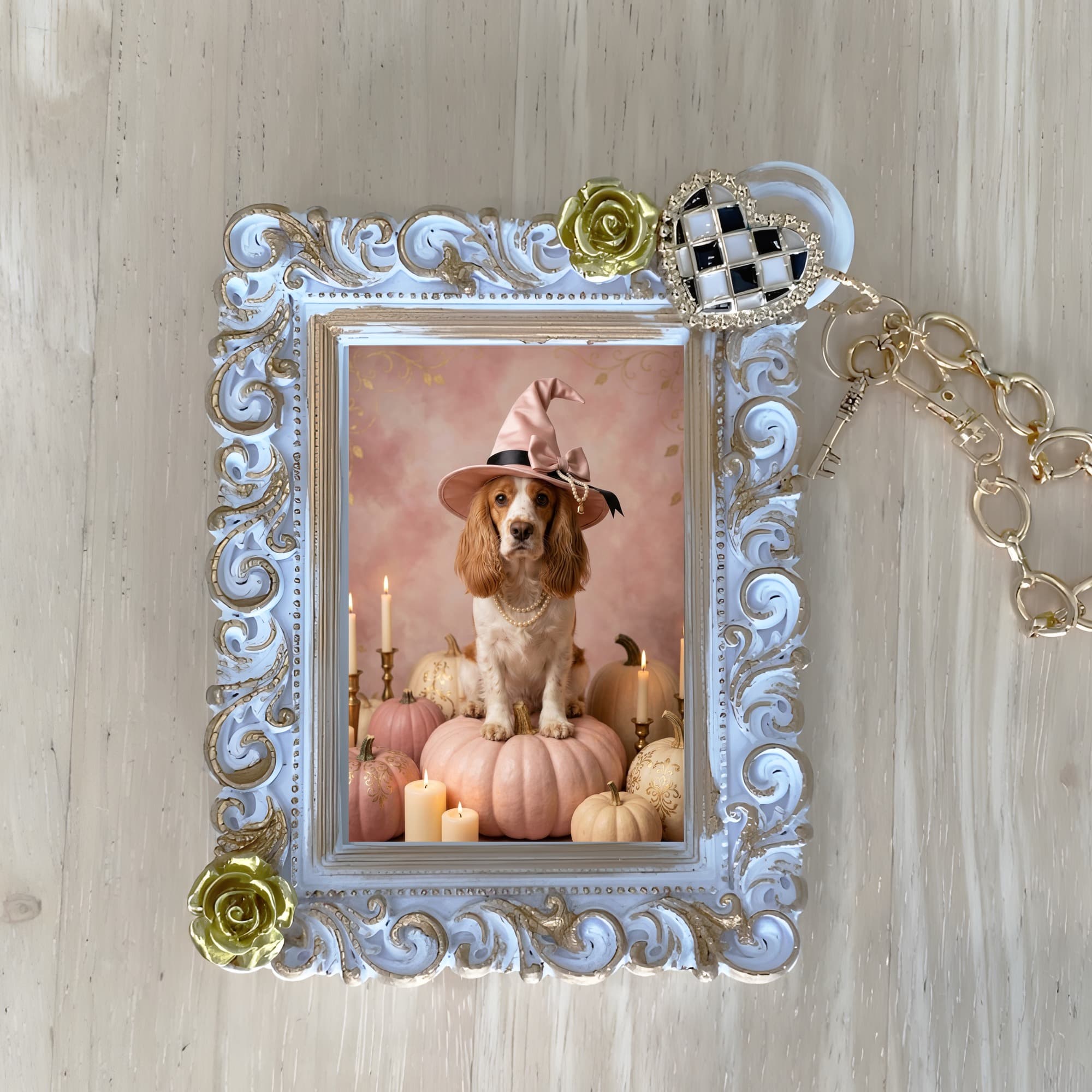 cocker spaniel Pumpkin & Candlelight Oil-Painting Halloween Bag Charm (White)