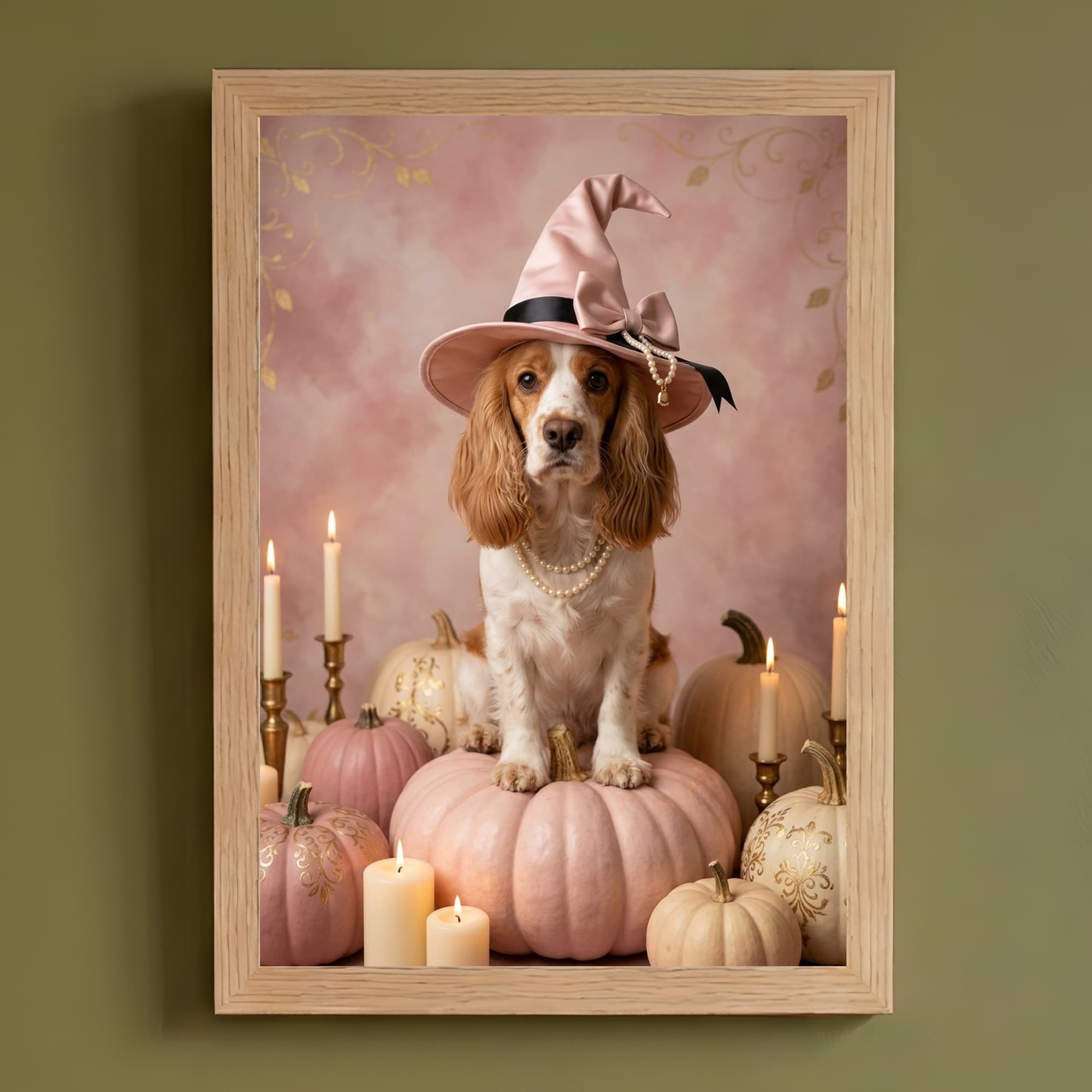 cocker spaniel Pumpkin & Candlelight Oil-Painting Halloween Framed Art Print (A4)
