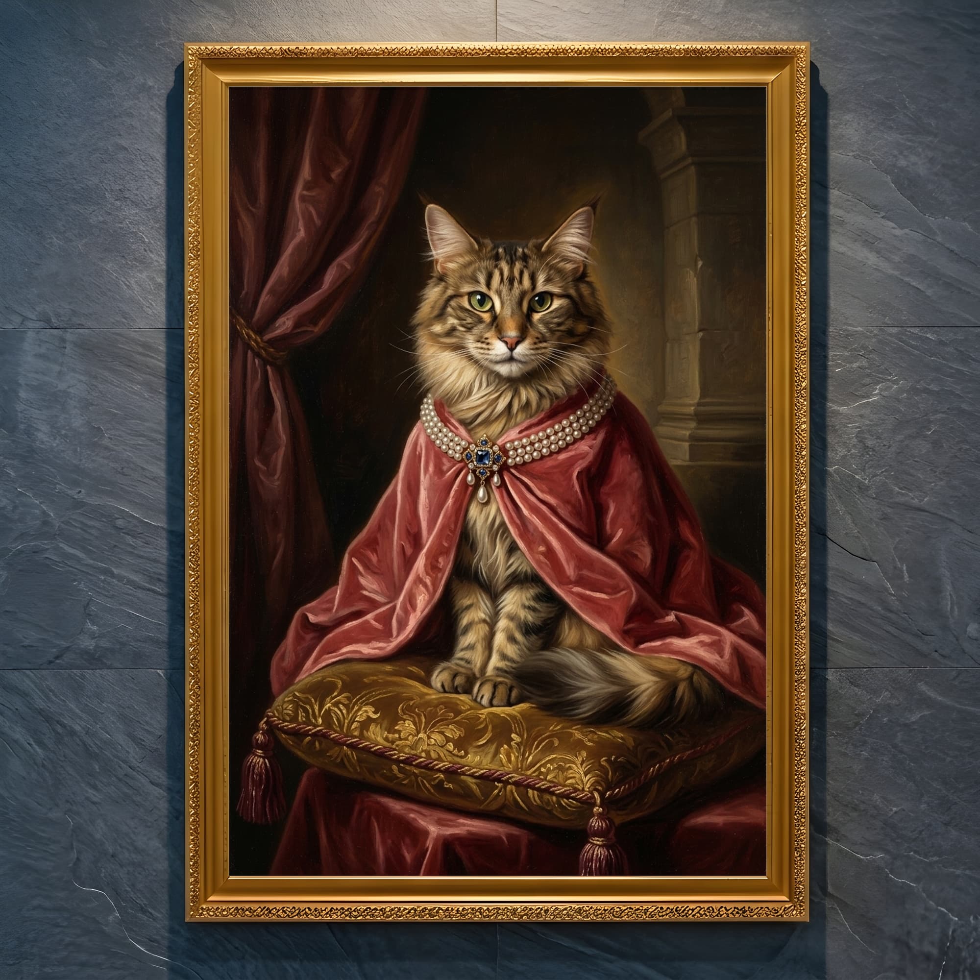 Maine Coon Renaissance Portrait Framed Art Print (A4 Gold)