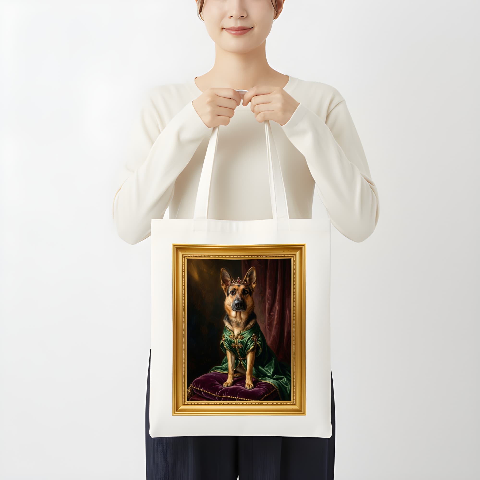 ジャーマンシェパードのルネサンス肖像画トートバッグ(カラープリント・額縁デザインあり) 3