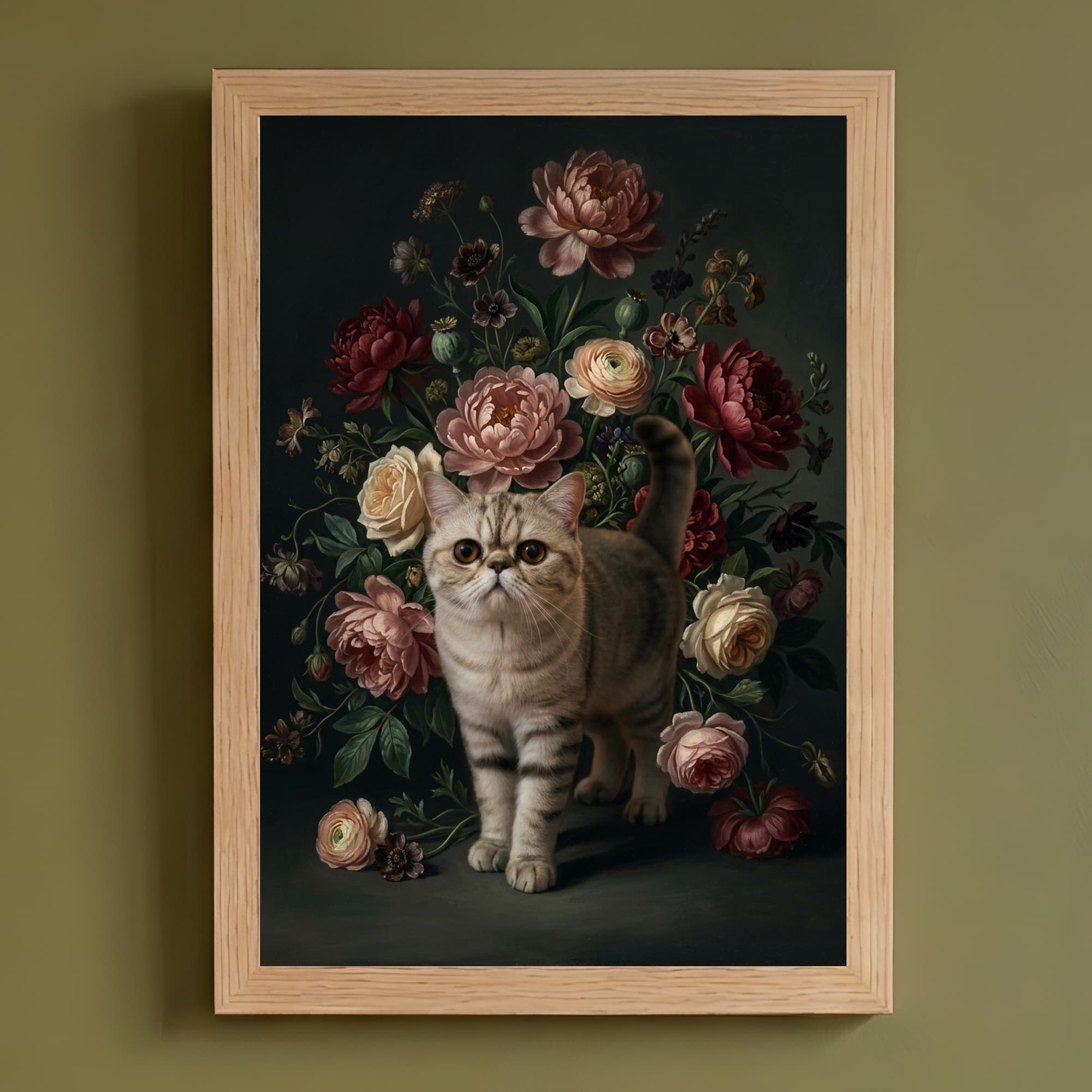 エキゾチックショートヘアの花の油絵風アート花柄額装プリント(A4サイズ)