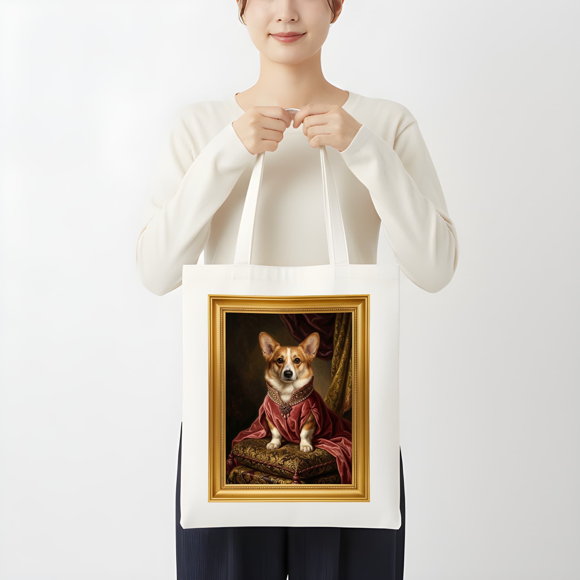 コーギーのルネサンス肖像画トートバッグ(カラープリント・額縁デザインあり) 3