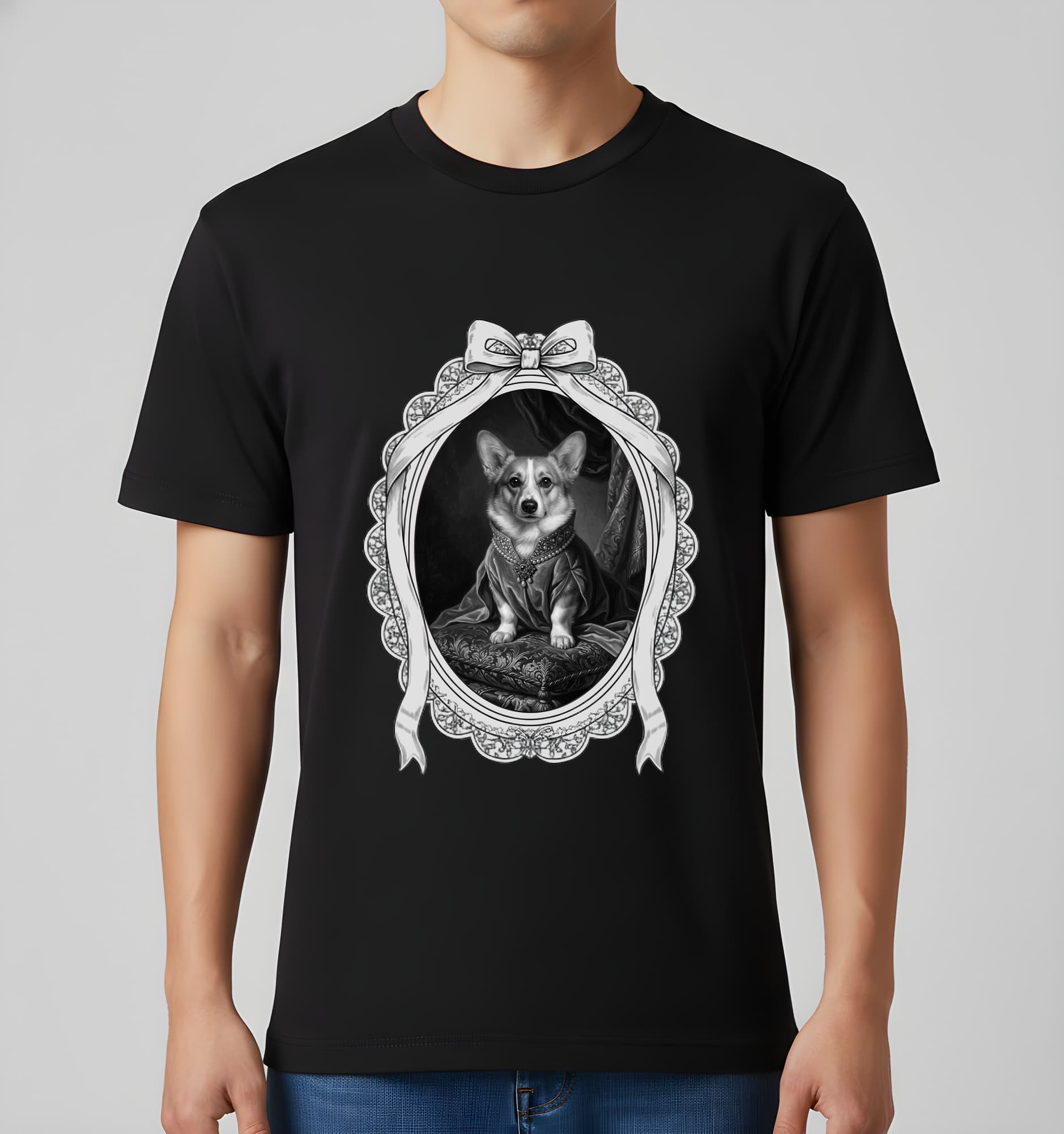 コーギーのルネサンス肖像画Tシャツ(ブラック・モノクロプリント・額縁デザインあり) 2