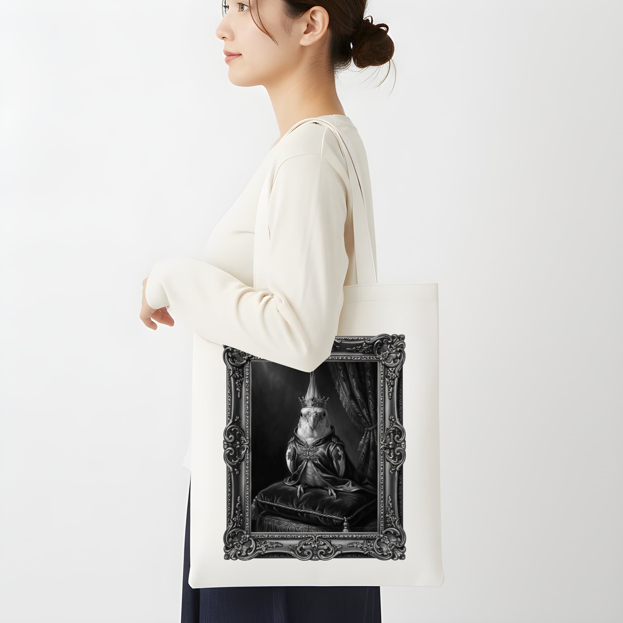 Cockatiel Renaissance Portrait Tote Bag (Monochrome Print, Framed Design) 2