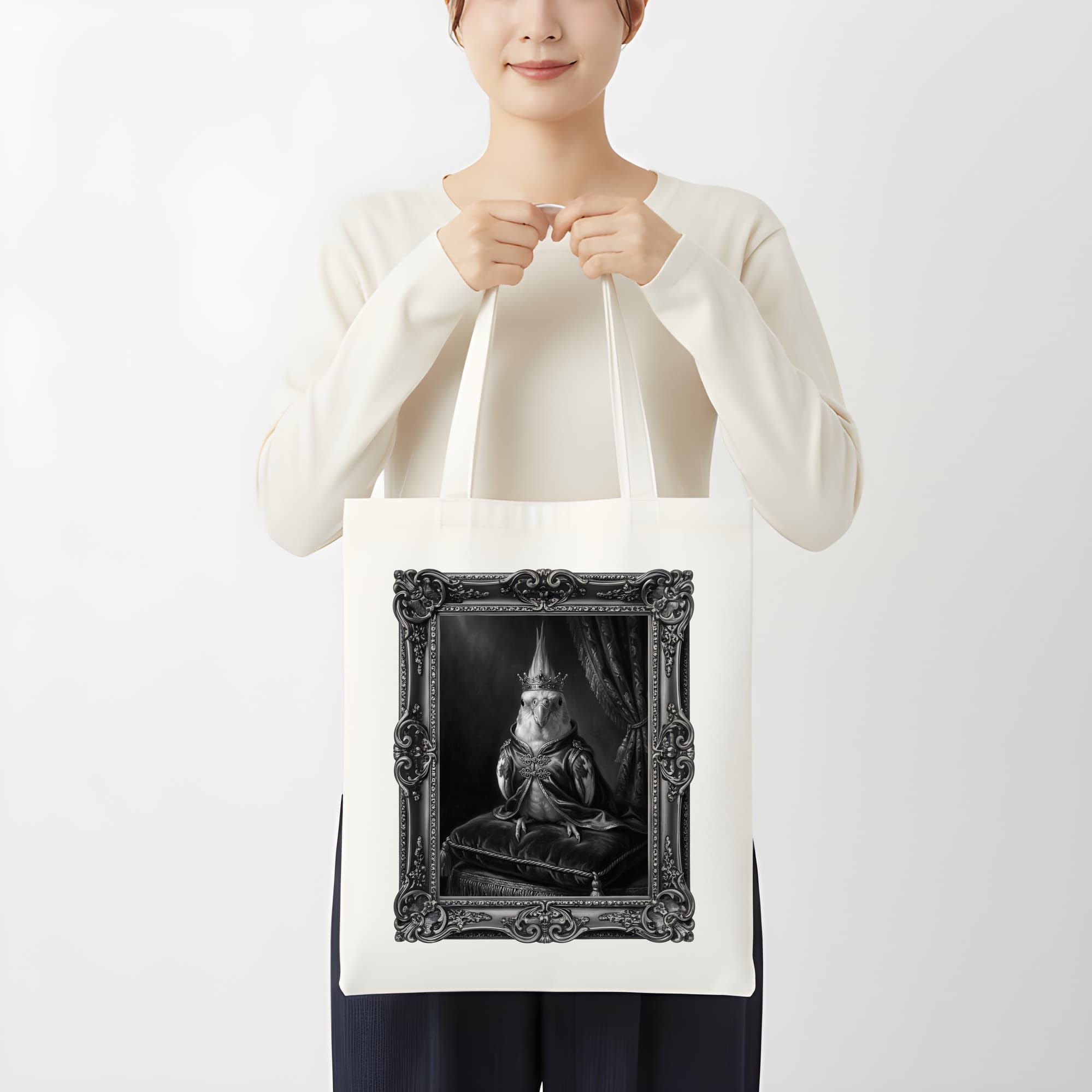 Cockatiel Renaissance Portrait Tote Bag (Monochrome Print, Framed Design) 3