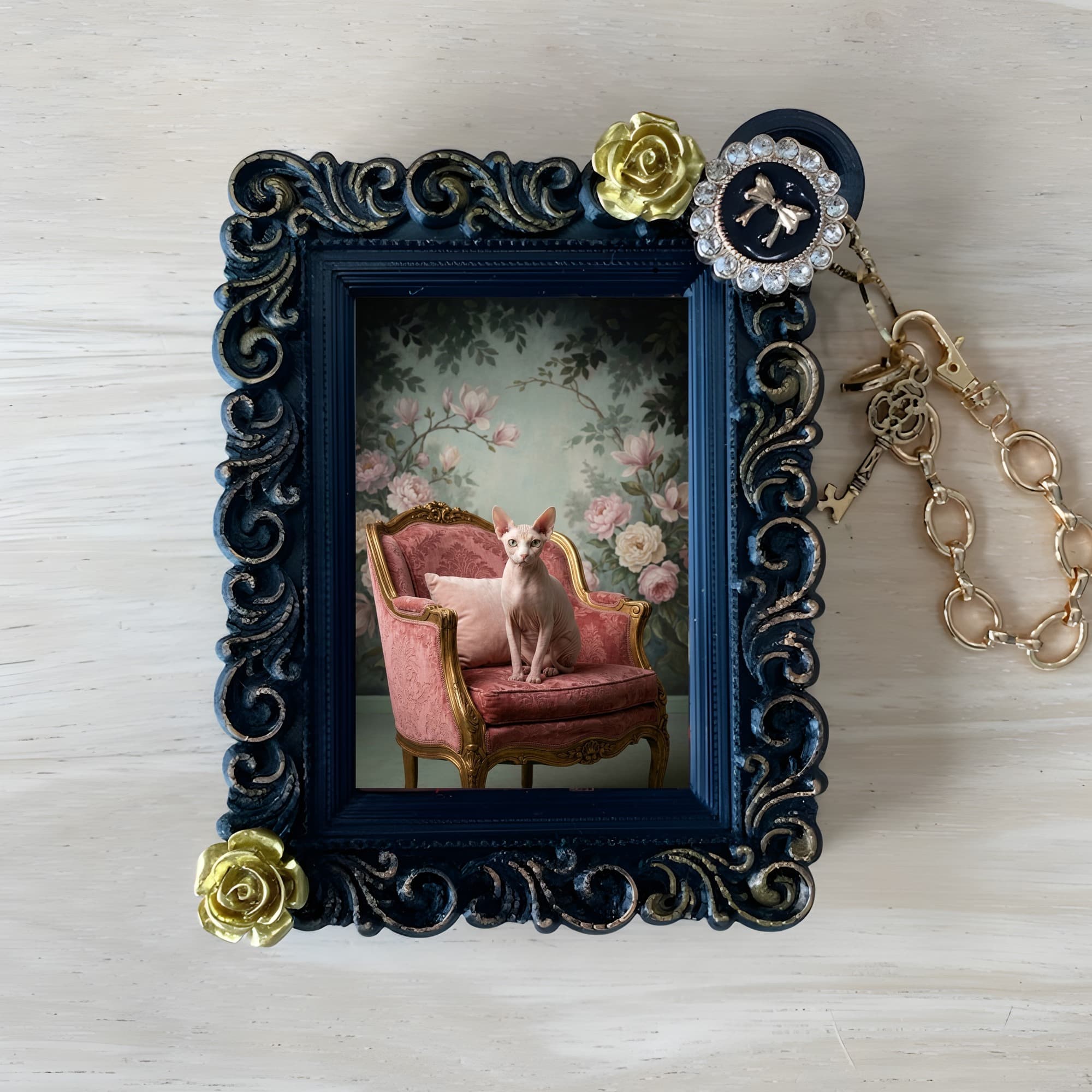 Sphynx Shabby Pink Oil-Painting Rococo Bag Charm (Black)