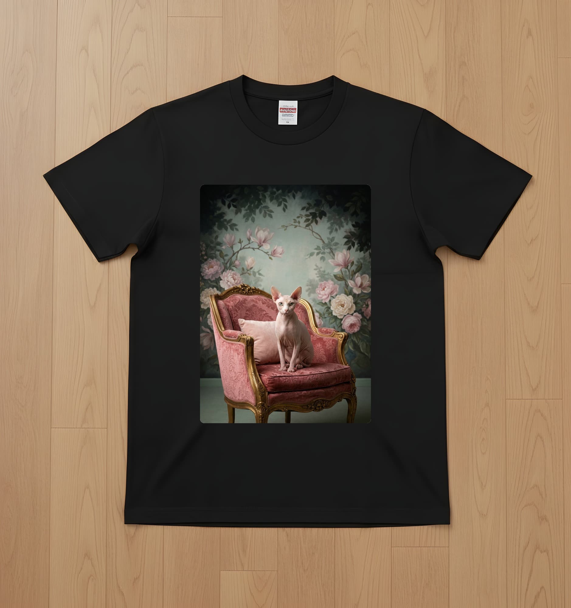 スフィンクスのシャビーピンクの油絵風アートロココ調Tシャツ(ブラック)