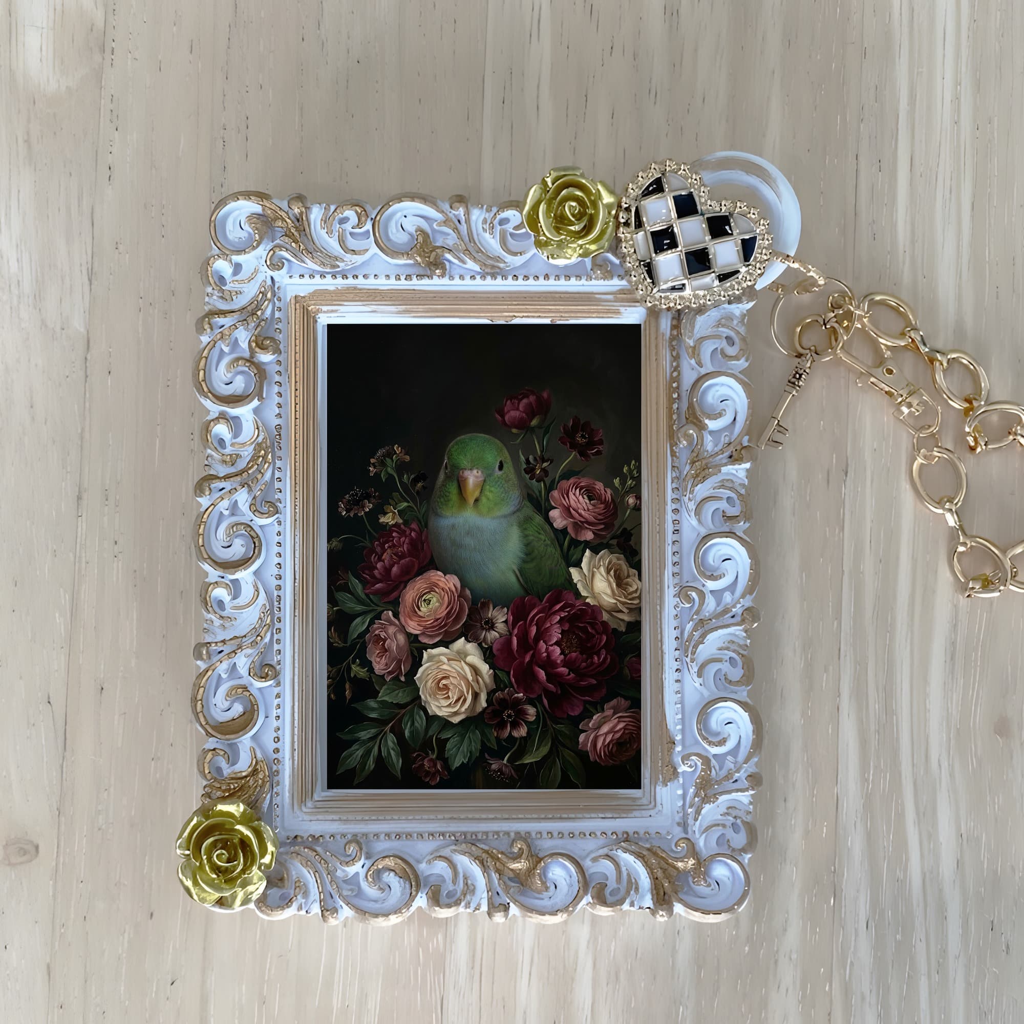 Lineolated Parakeet Floral Oil-Painting Floral Bag Charm (White)