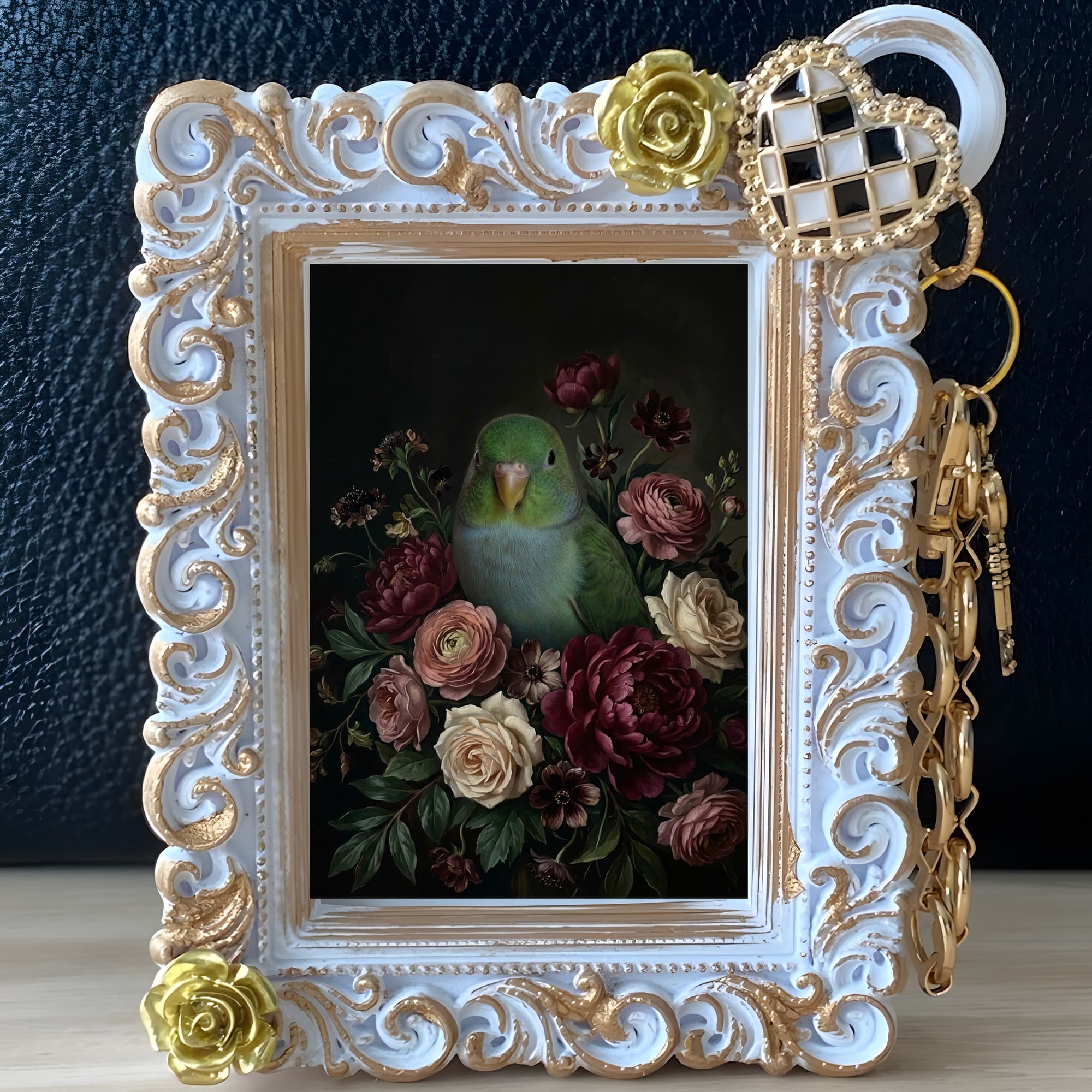 Lineolated Parakeet Floral Oil-Painting Floral Bag Charm (White) 2