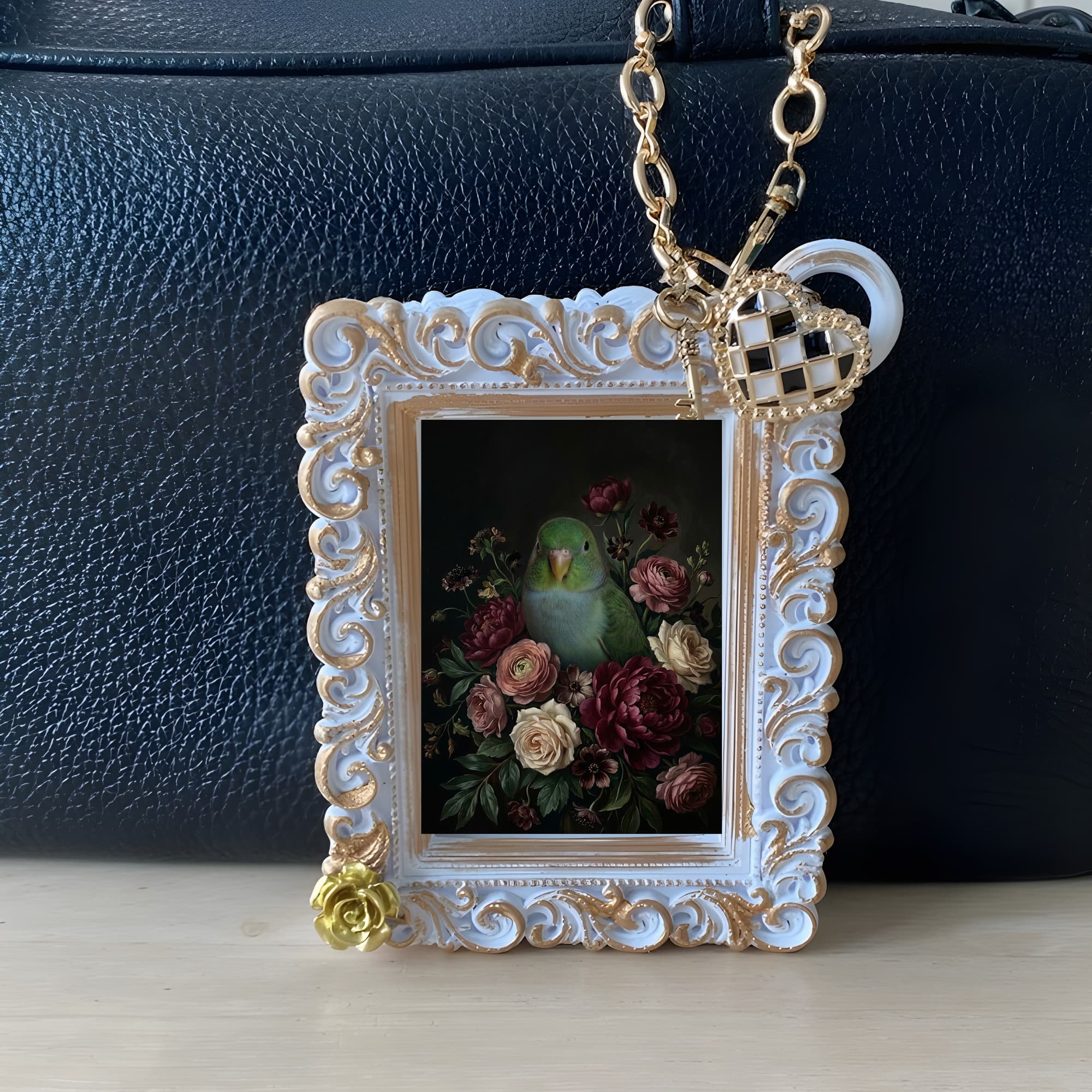 Lineolated Parakeet Floral Oil-Painting Floral Bag Charm (White) 3